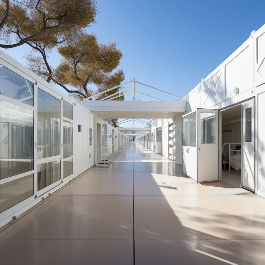 Render: campus village landscaped zone showing planted areas between container module blocks with native vegetation and shaded rest areas