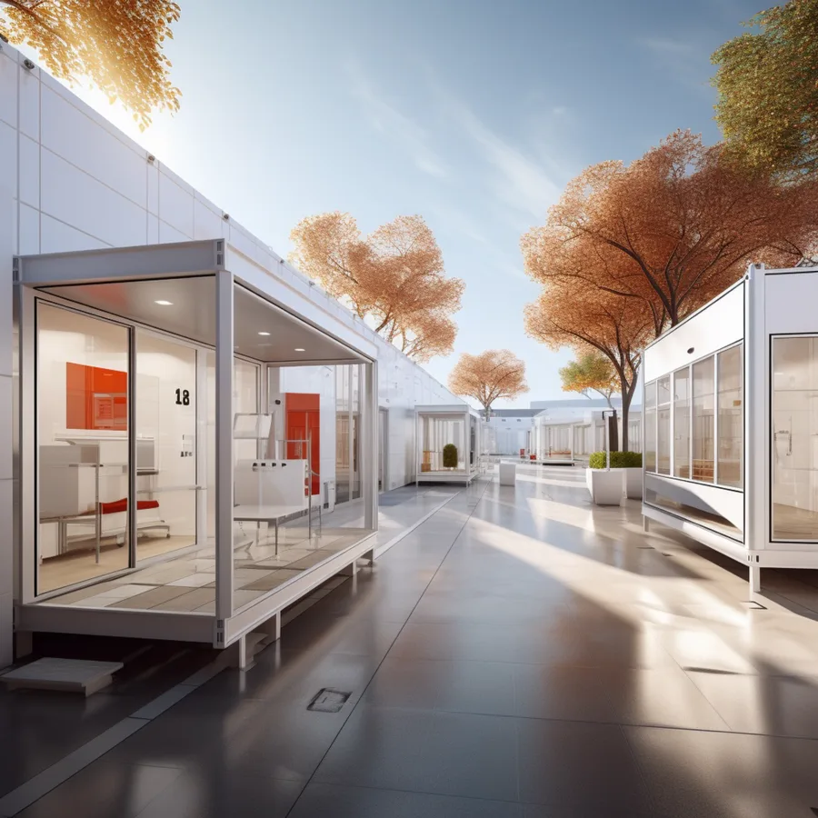 Render: campus village clinical wing detail showing glazed public-facing ground floor zones and white modular clinical aesthetic
