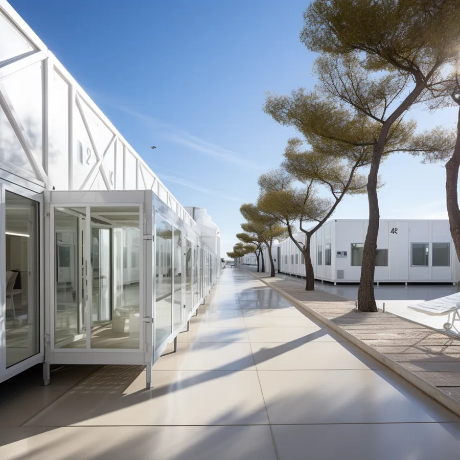 Render: campus village upper level terrace showing balcony circulation connecting stacked container modules with views over the courtyard