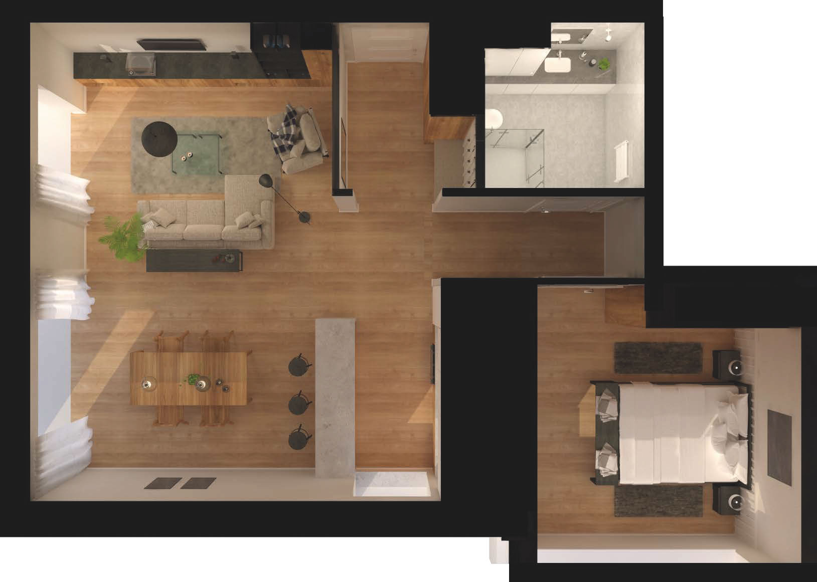 Axonometric floor plan render of complete 60 square metre apartment showing open kitchen, living, dining, bedroom, and bathroom layout