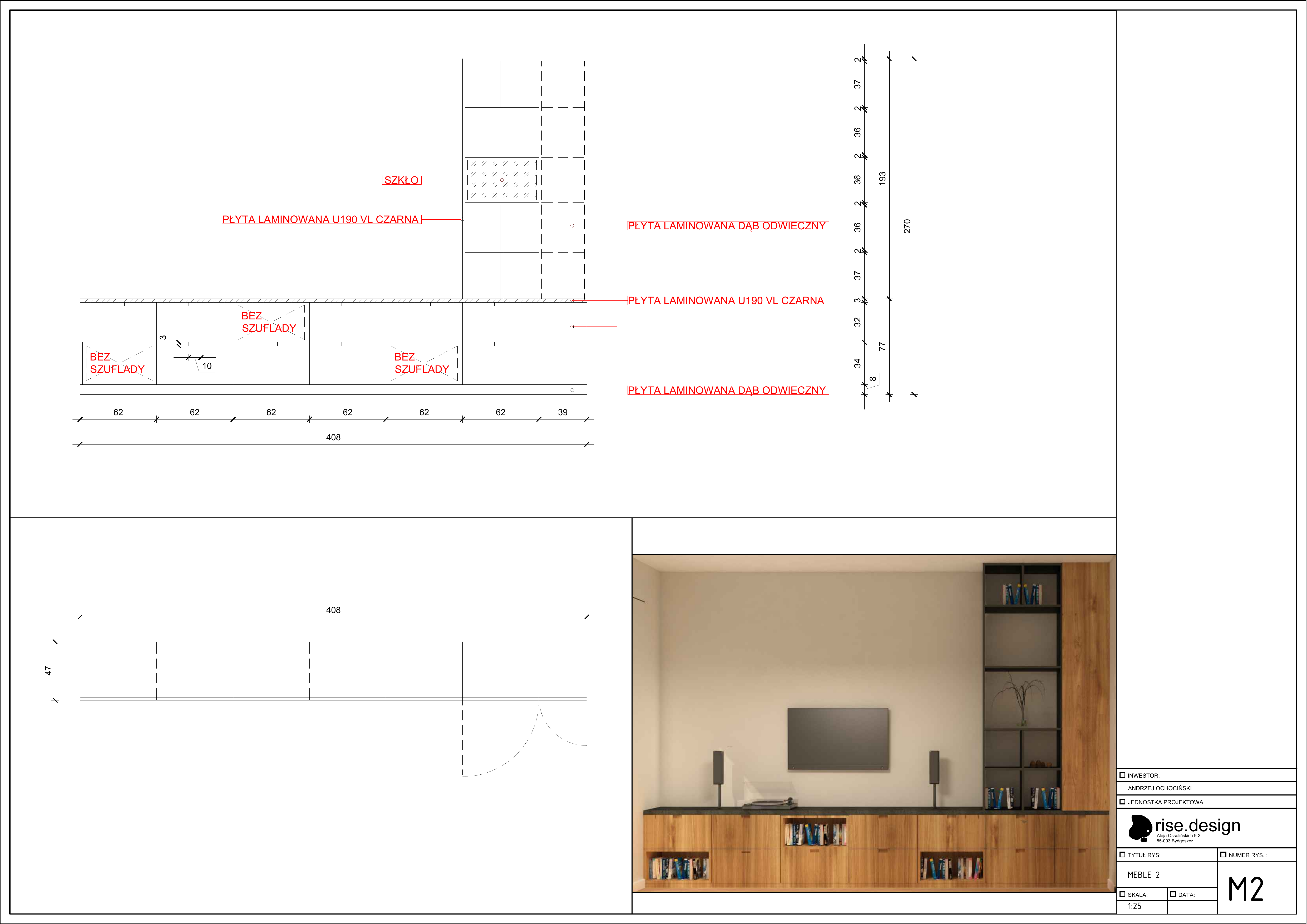 Media wall unit furniture drawing at 1:25 scale showing 408cm oak and black custom millwork with glass display shelves and stone counter