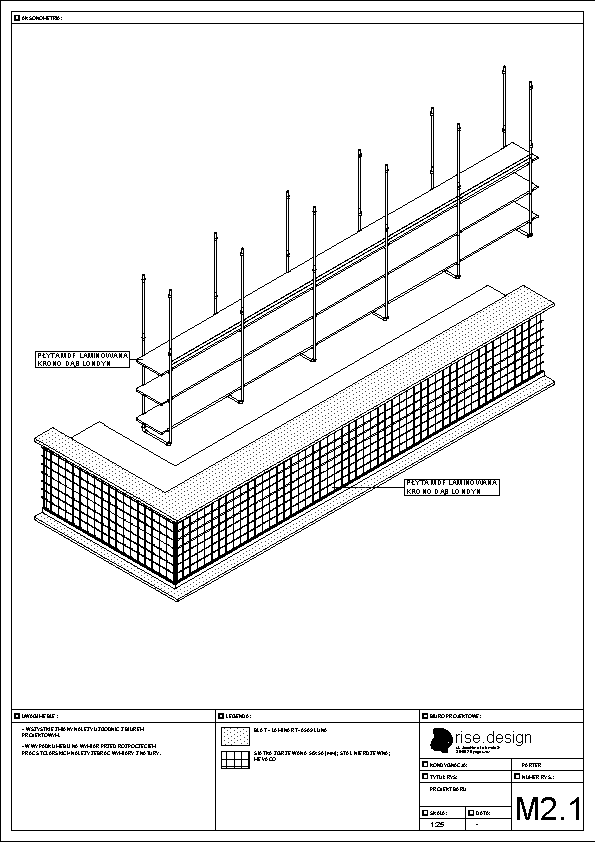 Drawing: bar construction axonometric at 1:25 scale showing Krono Dab Londyn laminate counter structure, steel framework, and material callout specifications for joinery fabrication