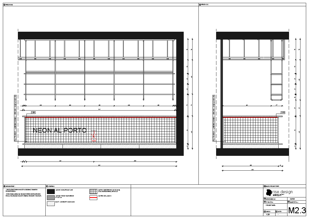 Drawing: bar front elevation with Al Porto neon sign placement dimensions, bottle shelving grid layout, and Mevaco perforated steel mesh panel specification for backwall design