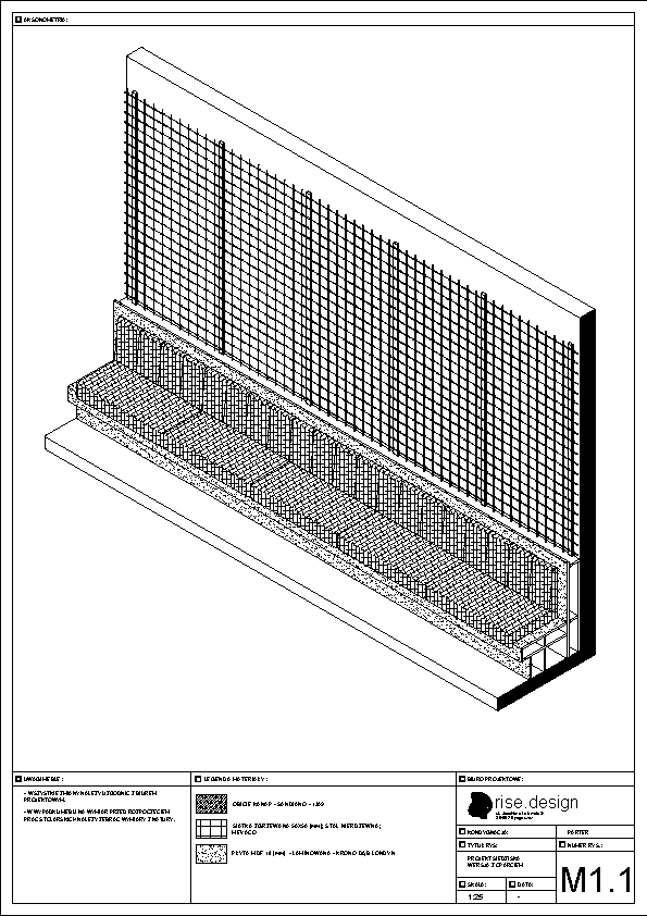Drawing: bench seating axonometric construction detail at 1:25 scale showing upholstered brown leather banquette with Mevaco steel mesh backrest panel and steel frame structure