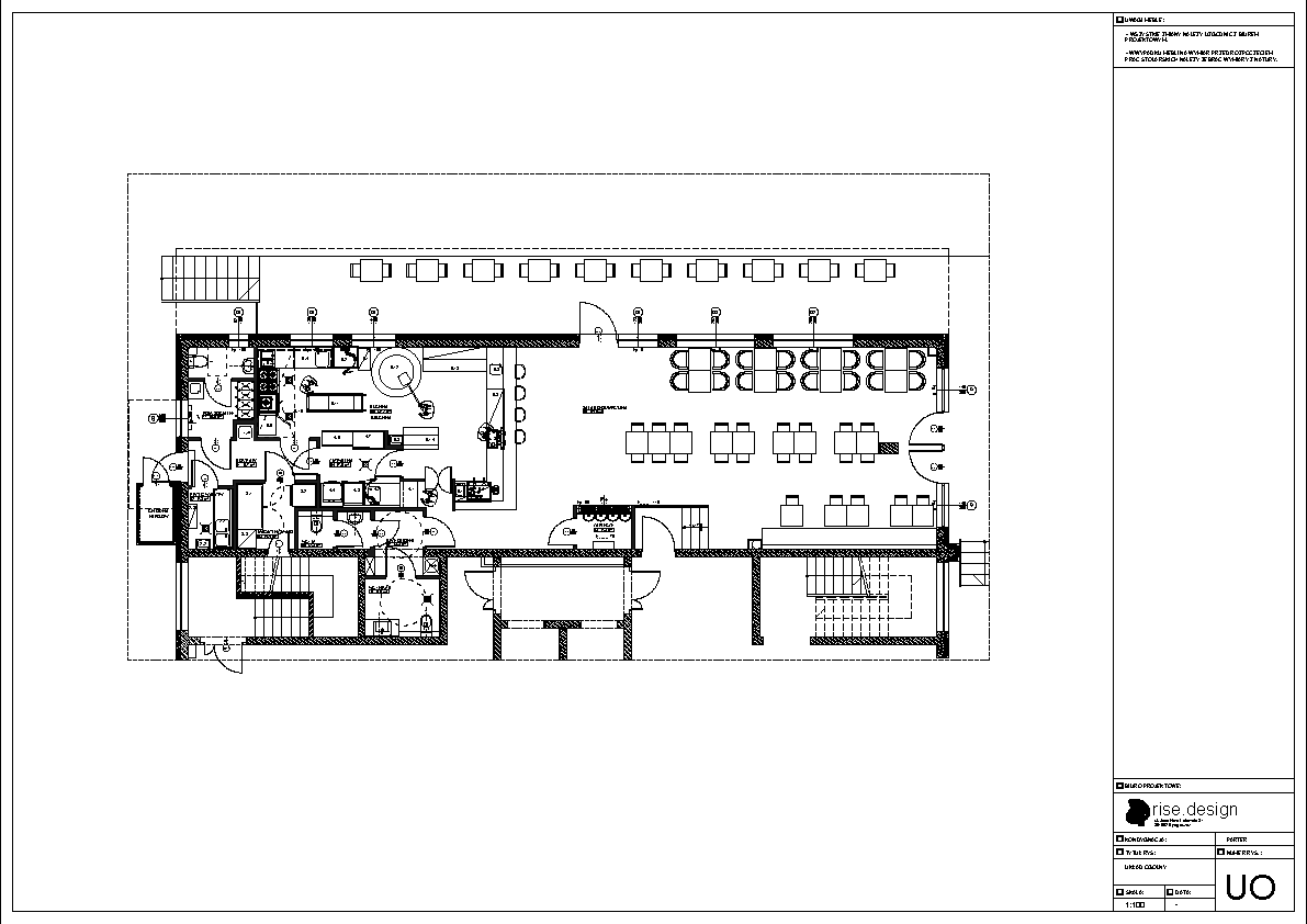 Drawing: general restaurant layout floor plan at 1:100 scale showing dining zones, terrazzo-floored bar area, kitchen, bathroom wing, internal staircase, and riverfront terrace