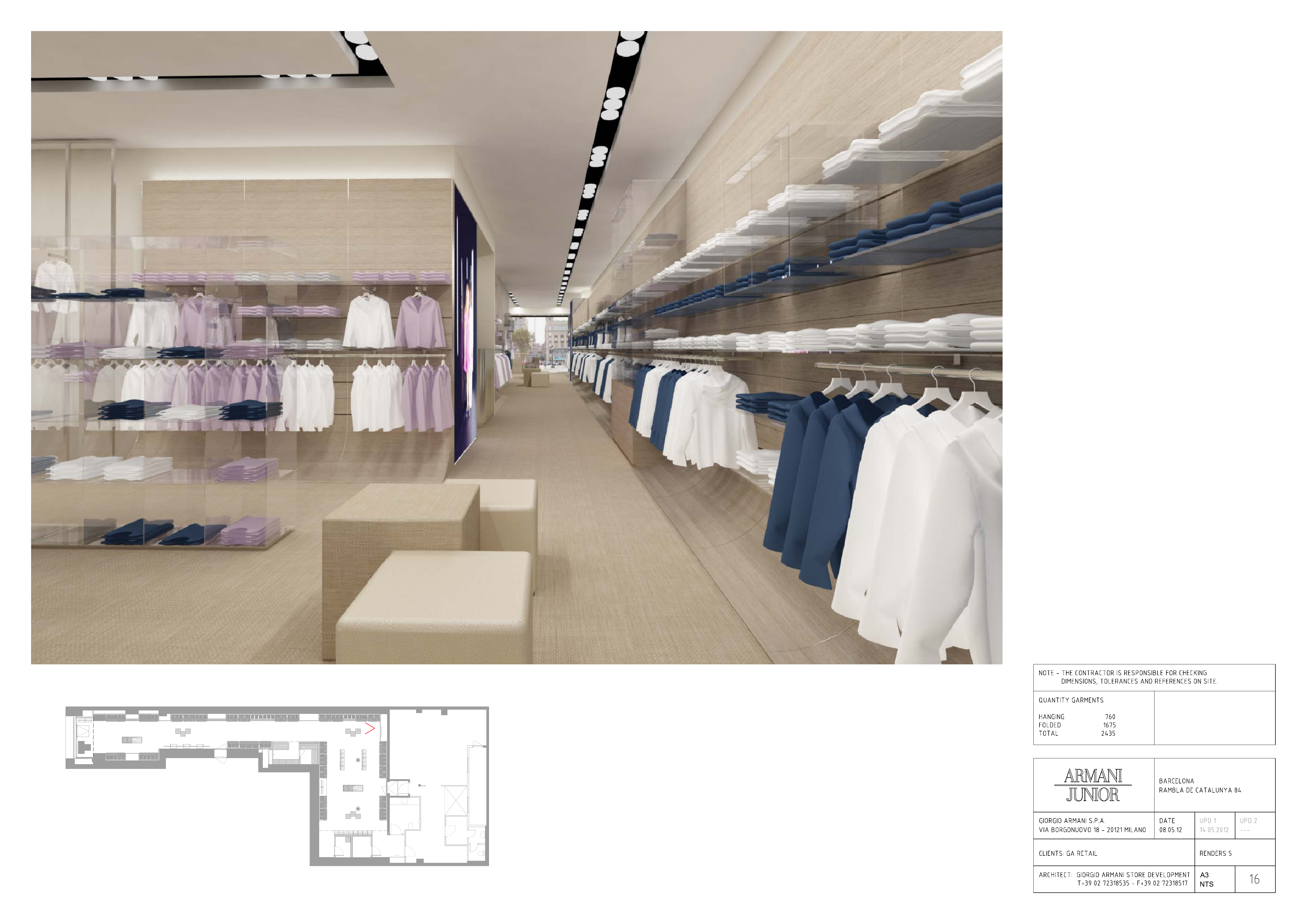 Drawing: Barcelona Armani Junior full technical drawing set showing floor plan, sections, details, and material specifications for Rambla de Catalunya store
