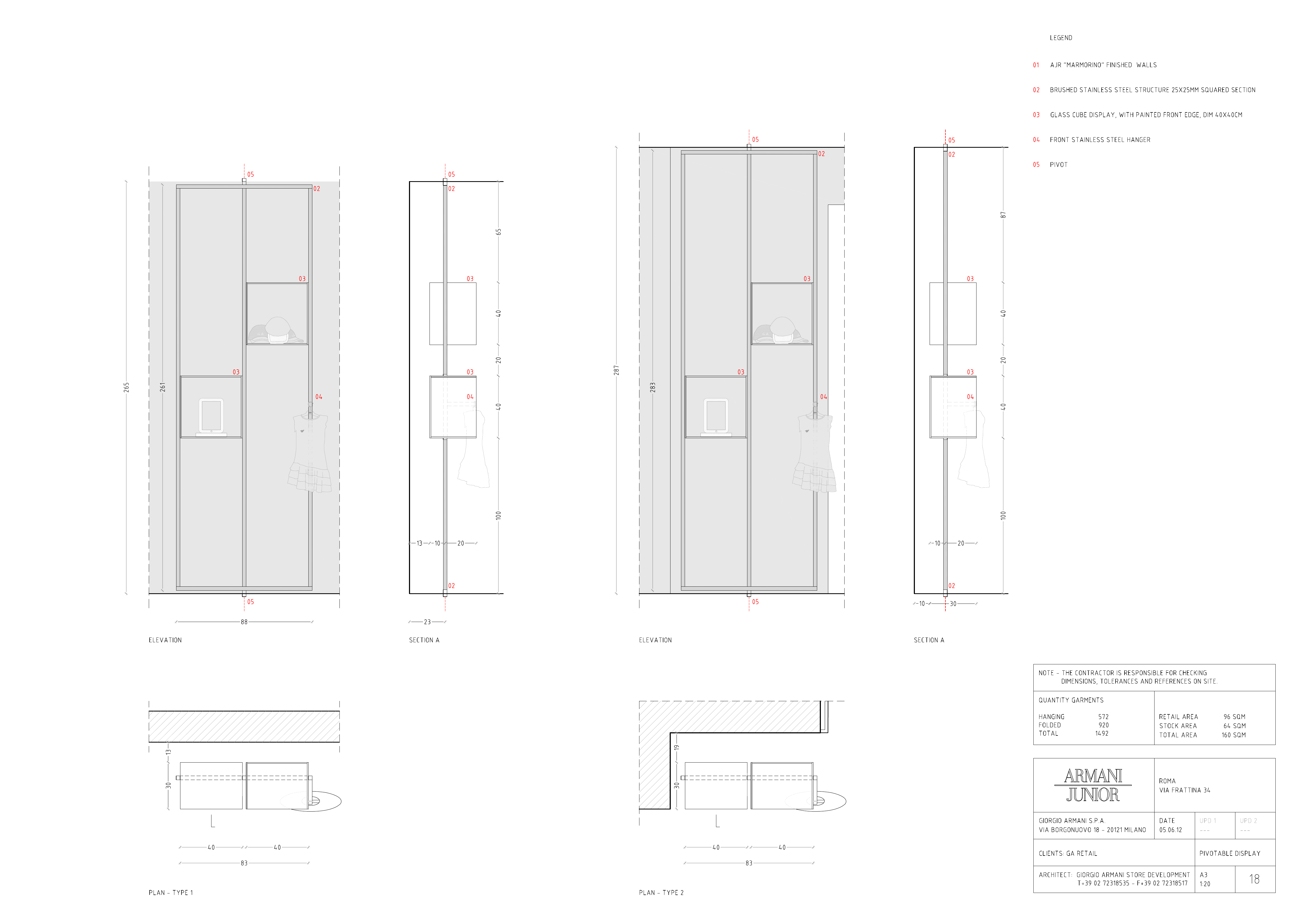 Drawing: Rome Via Frattina Armani Junior full technical drawing set showing palazzo-proportioned store plan, sections, and fixture specifications