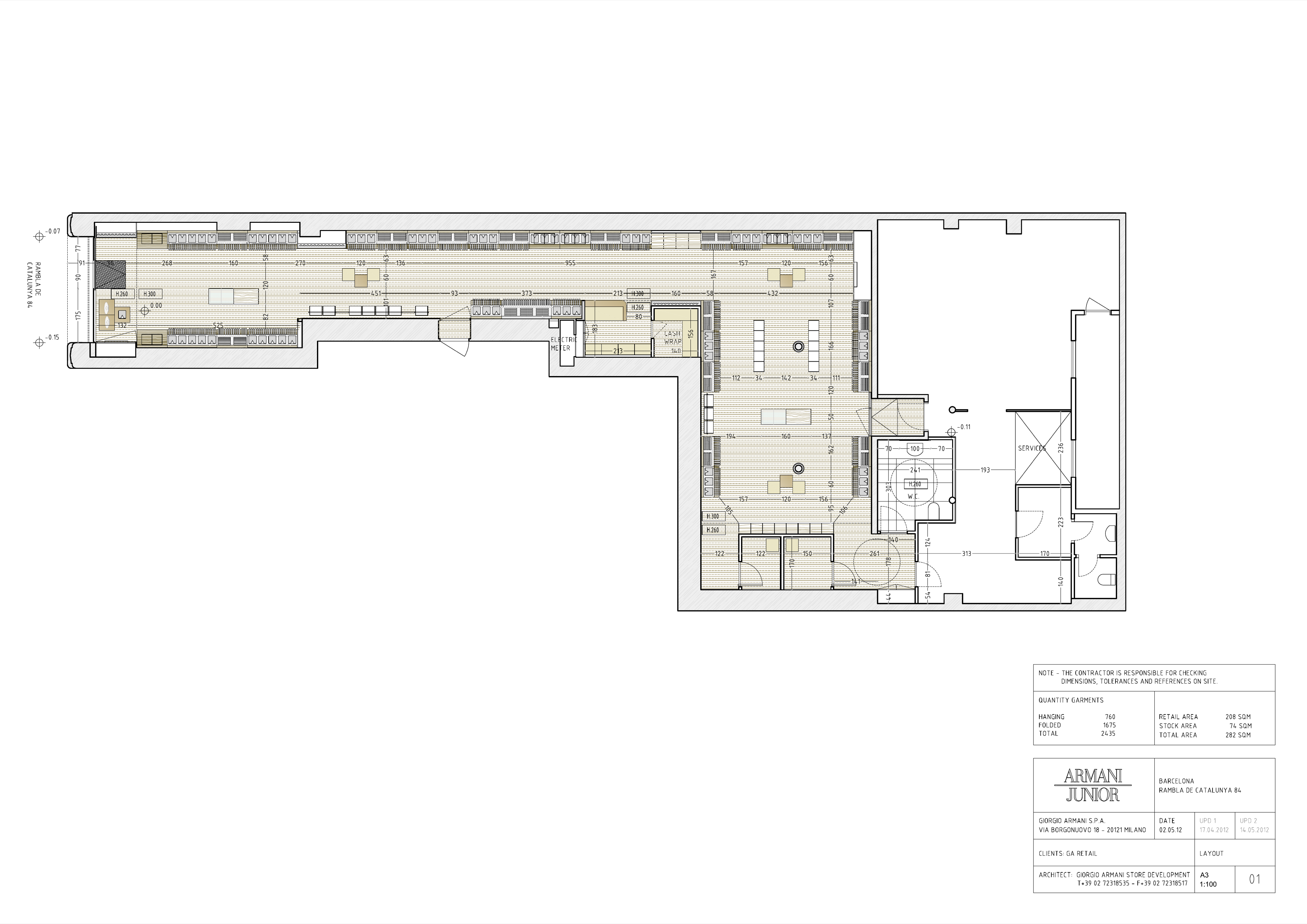 Drawing: Barcelona Armani Junior layout plan showing L-shaped floor plan with dimensions, 282 square metre retail area