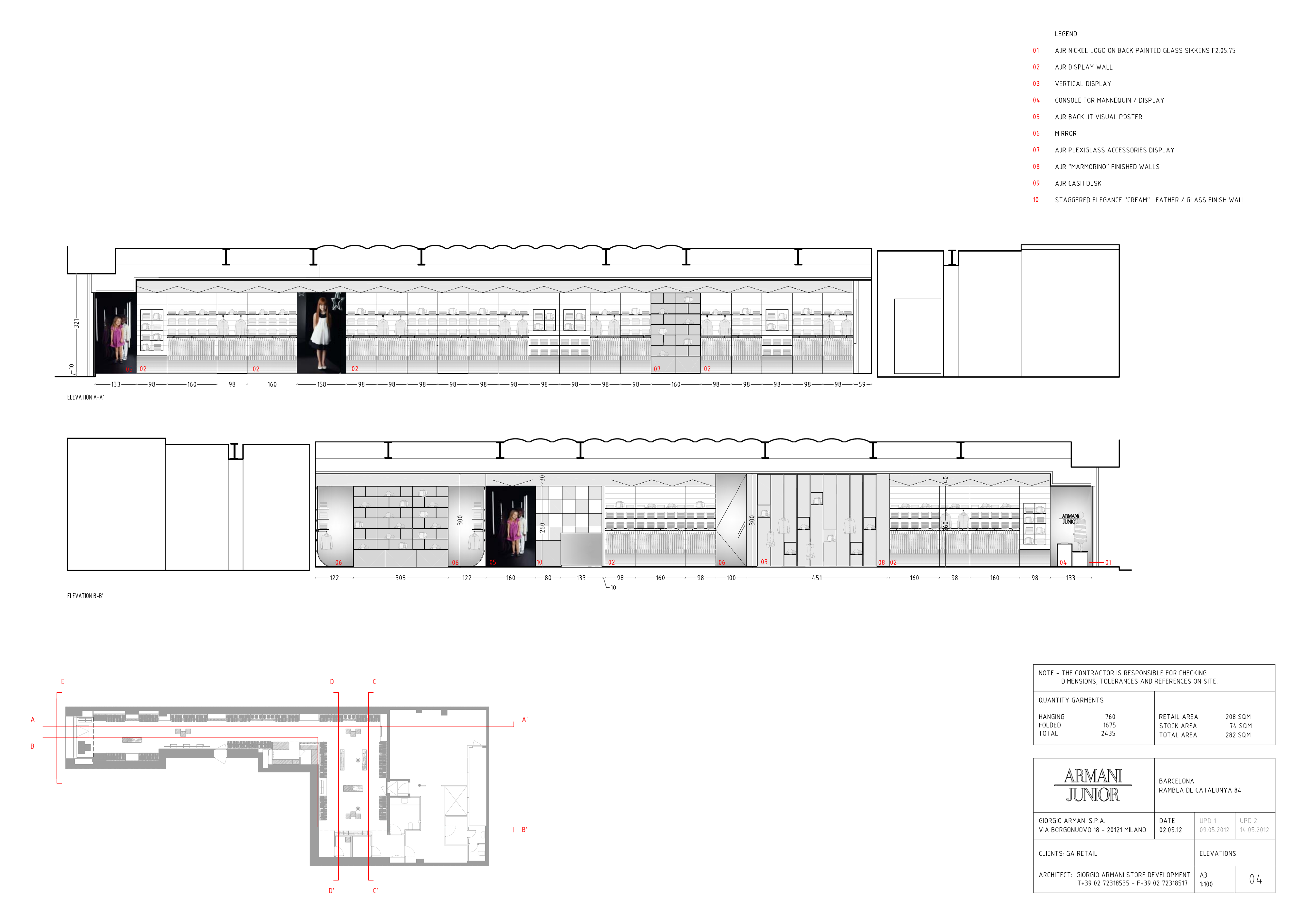 Drawing: Barcelona Armani Junior elevations A-A' and B-B' showing full-length longitudinal sections through boys and girls zones