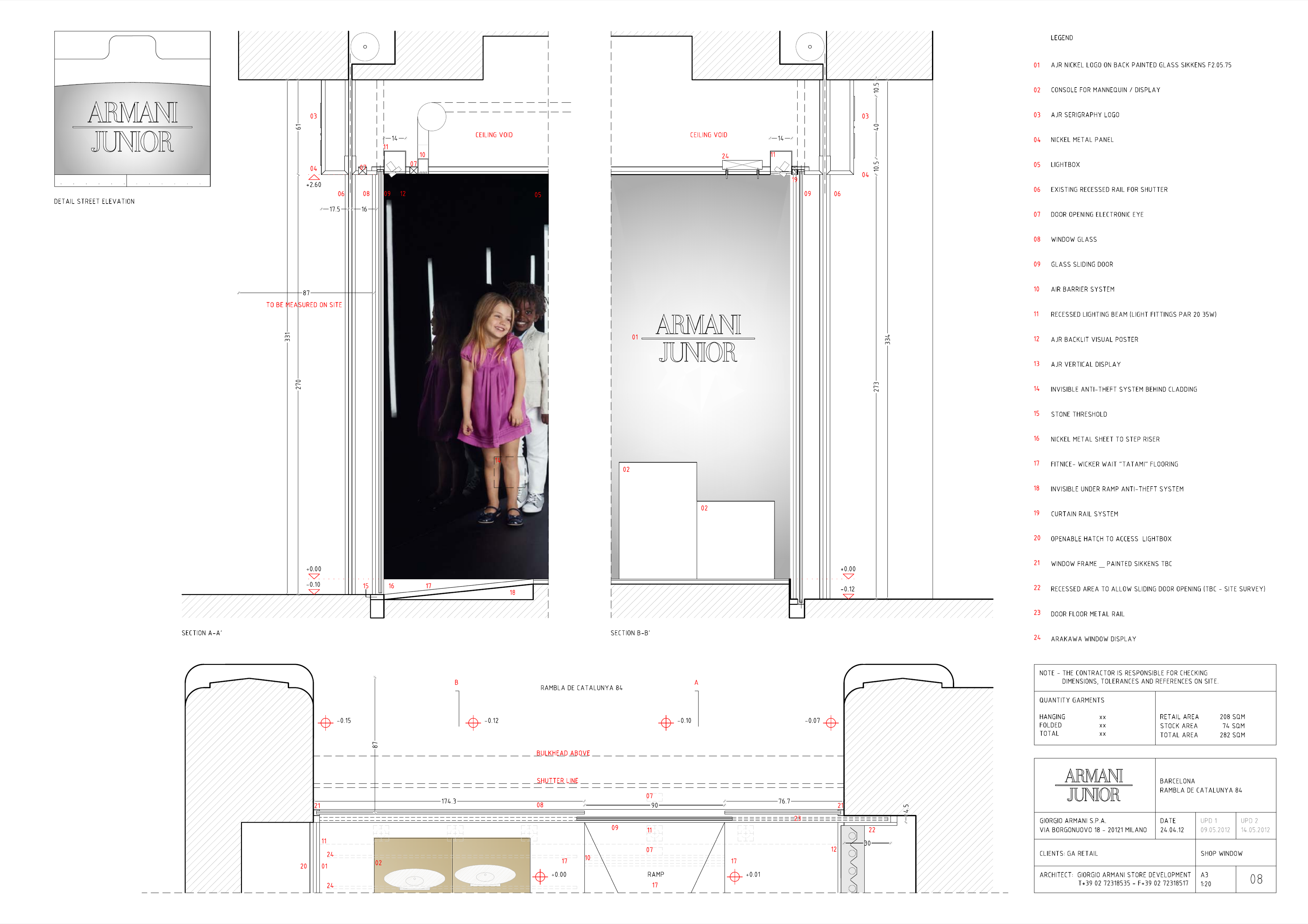 Drawing: Barcelona Armani Junior shop window facade sections with 24-item material legend for Rambla de Catalunya storefront