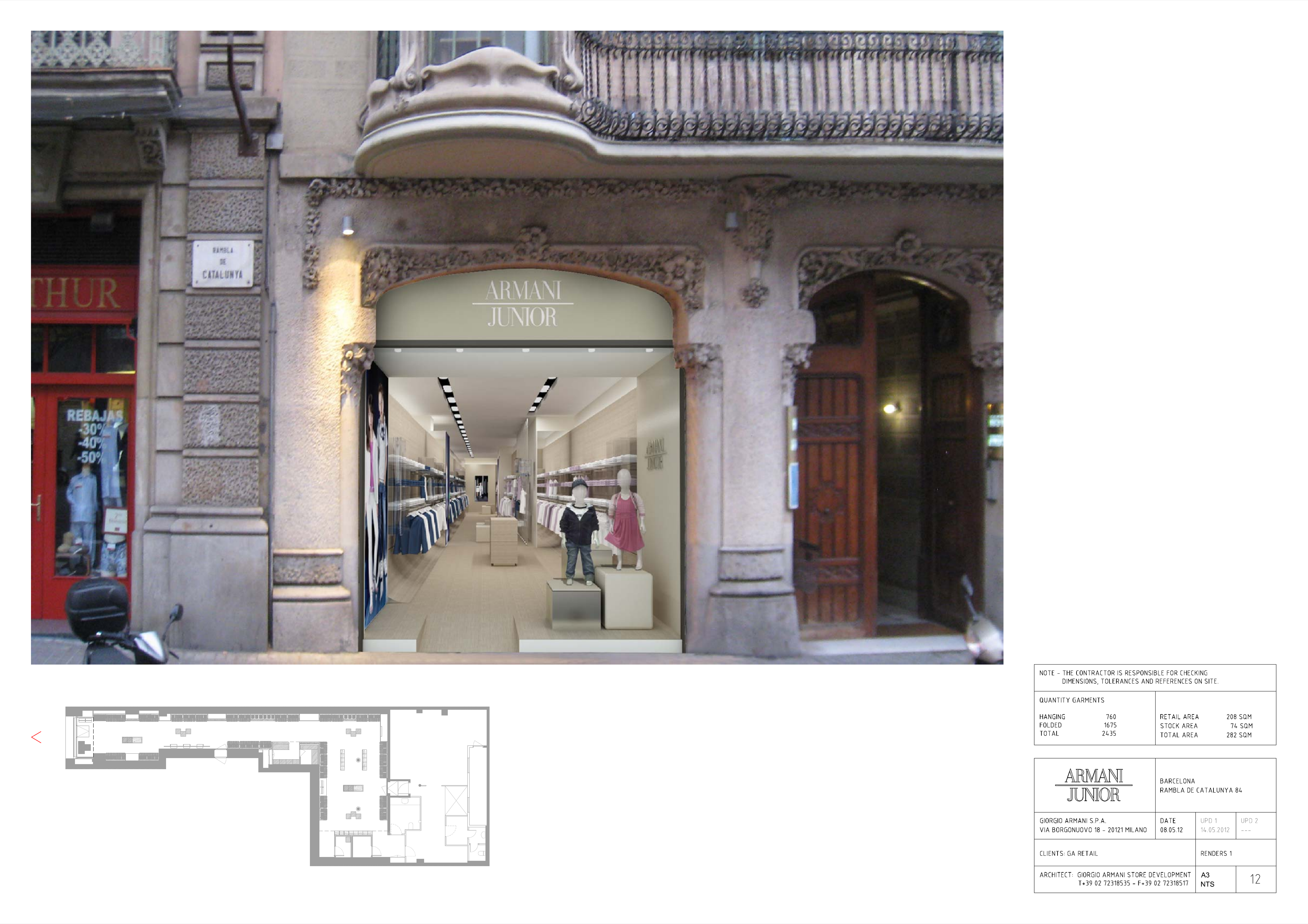 Drawing: Barcelona Armani Junior storefront 3D render showing Rambla de Catalunya exterior with Modernista facade integration