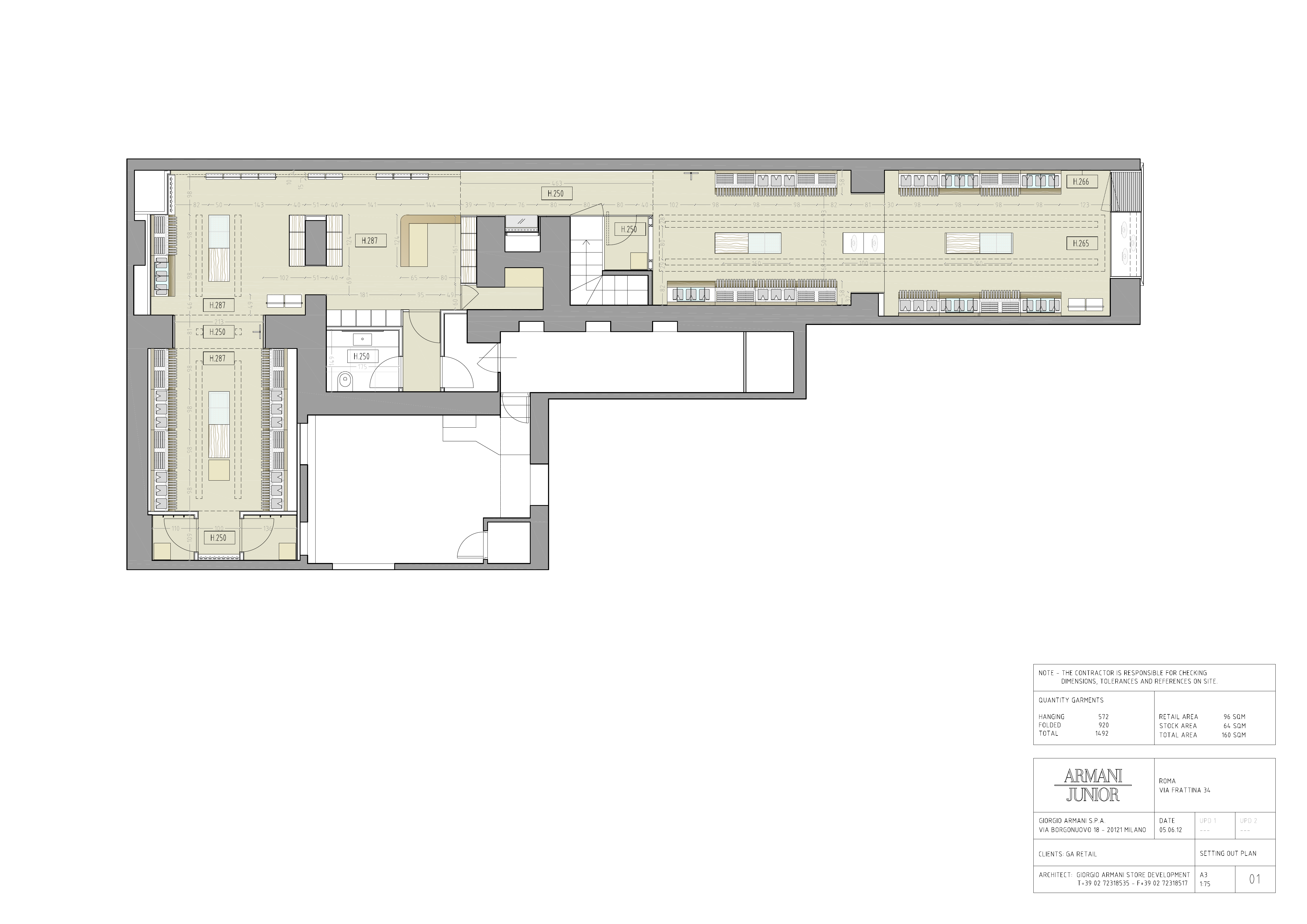 Drawing: Rome Via Frattina Armani Junior setting out plan with main floor plan dimensions and spatial layout