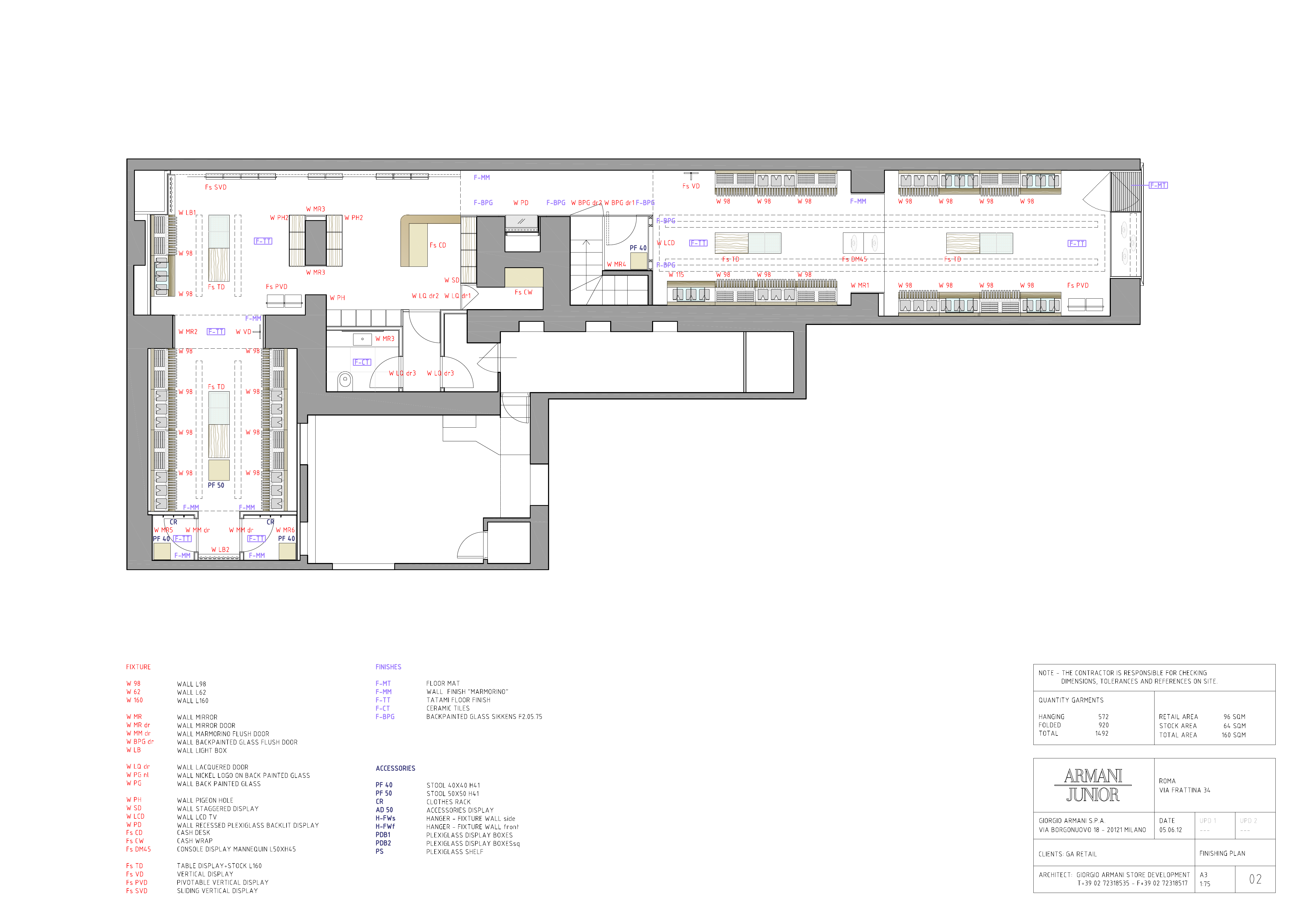 Drawing: Rome Via Frattina Armani Junior finishing plan with material legend showing marmorino, tatami, Sikkens, and ceramics