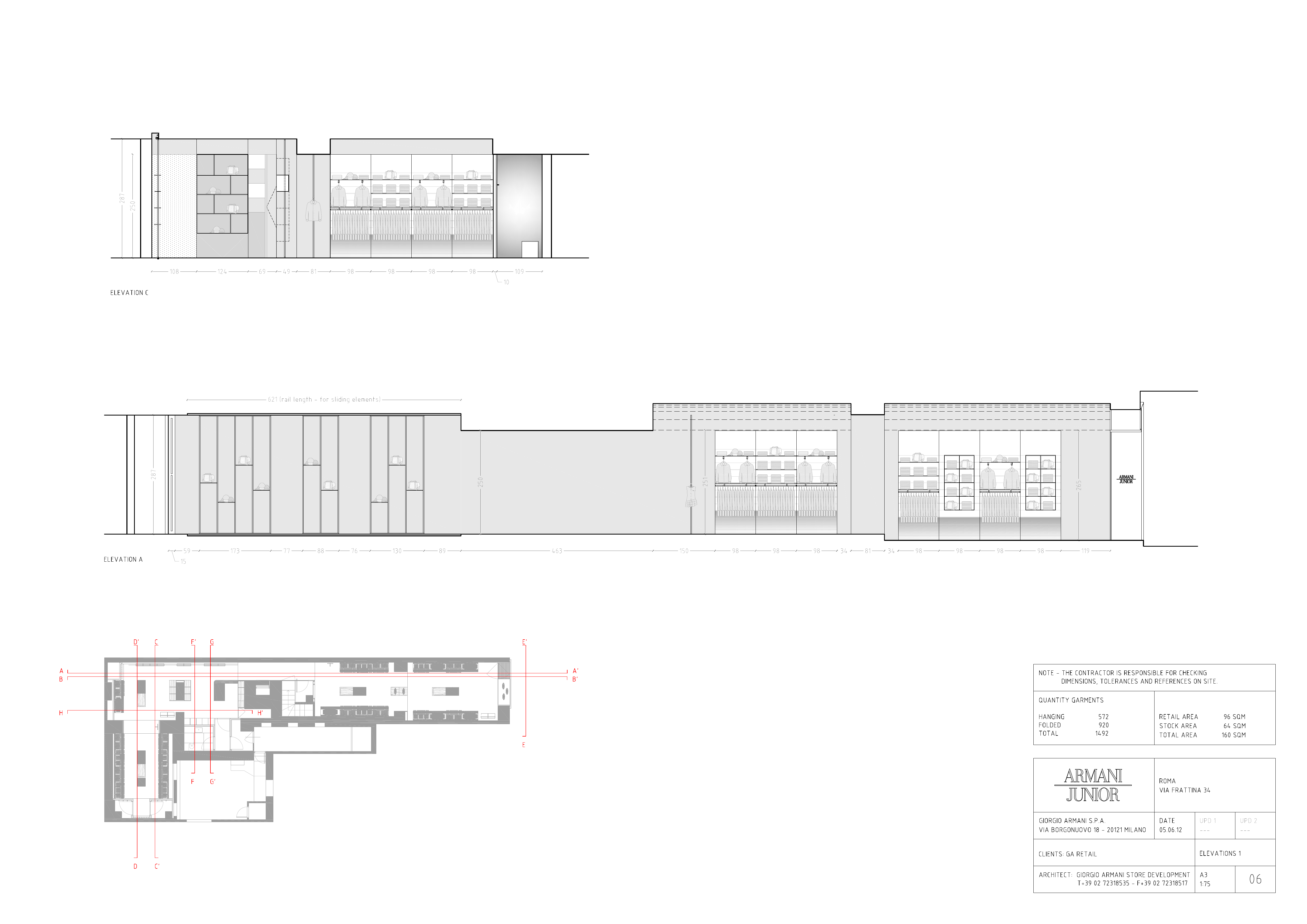 Drawing: Rome Via Frattina Armani Junior elevations showing longitudinal sections C and A with floor plan reference