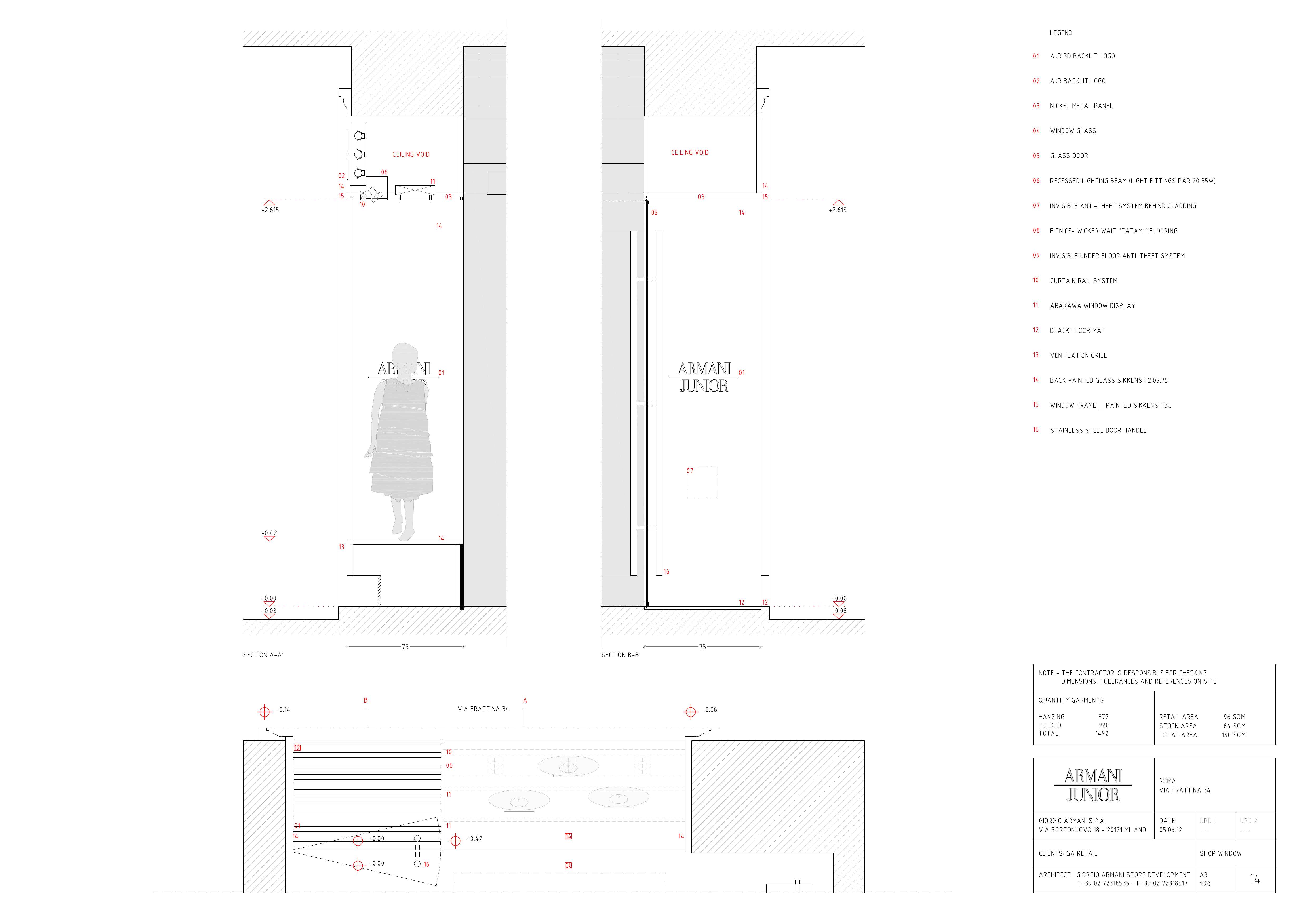 Drawing: Rome Via Frattina Armani Junior shop window sections A-A' and B-B' with facade plan and human scale figures