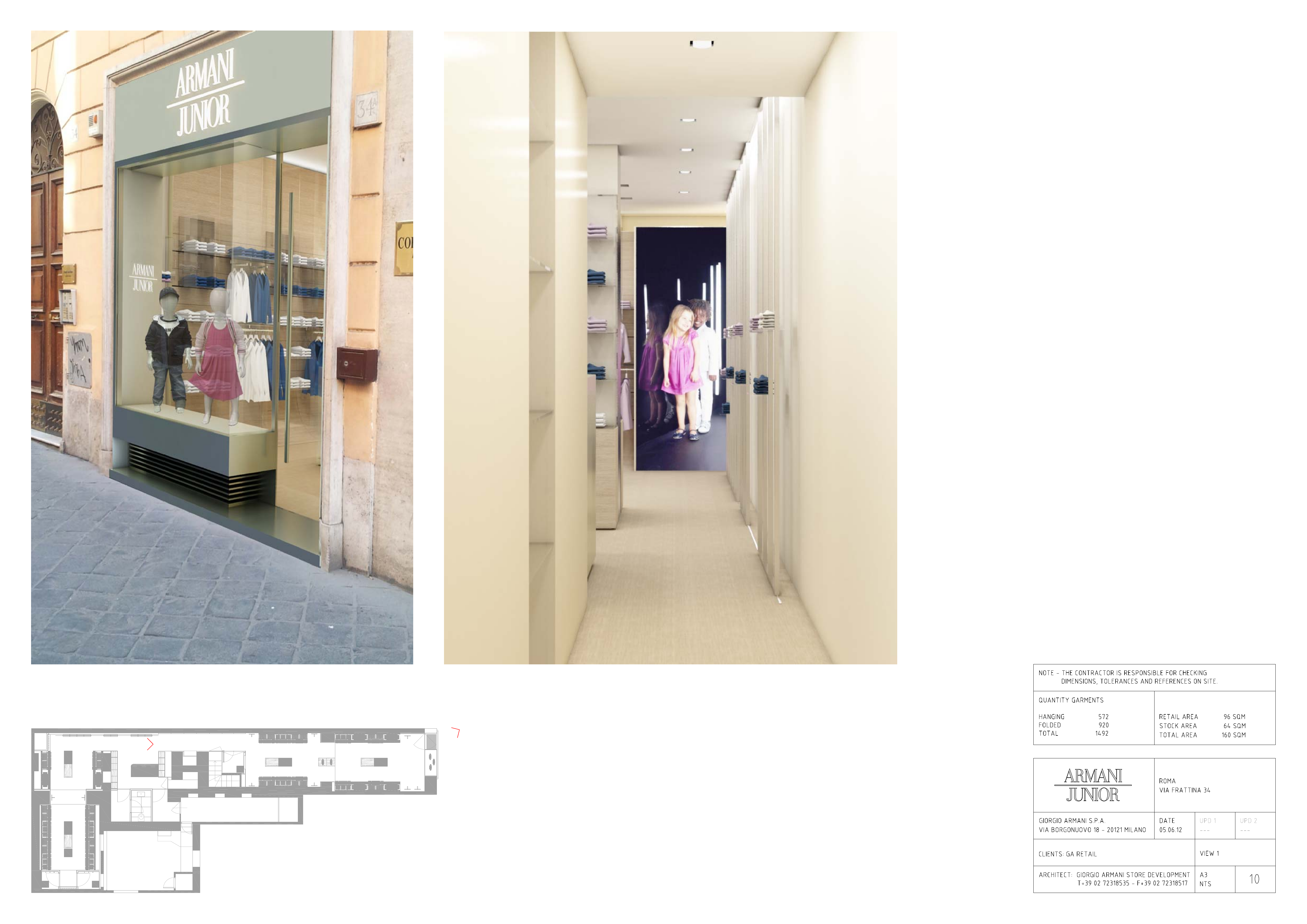 Drawing: Rome Via Frattina Armani Junior storefront 3D render showing Via Frattina exterior and entrance corridor perspective