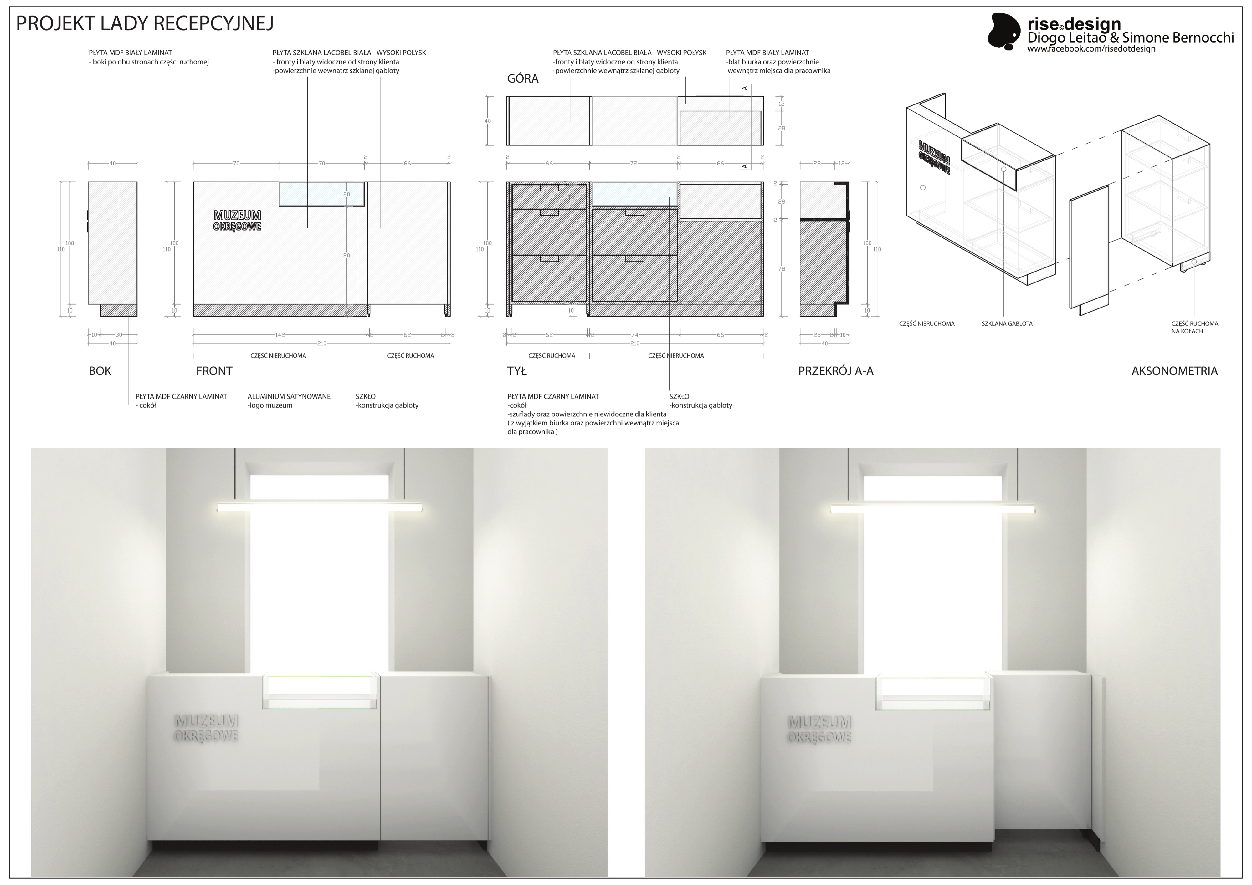 Drawing: reception desk technical detail showing modular MDF panel system construction, illuminated floating shelf mechanism, and configurable counter assembly
