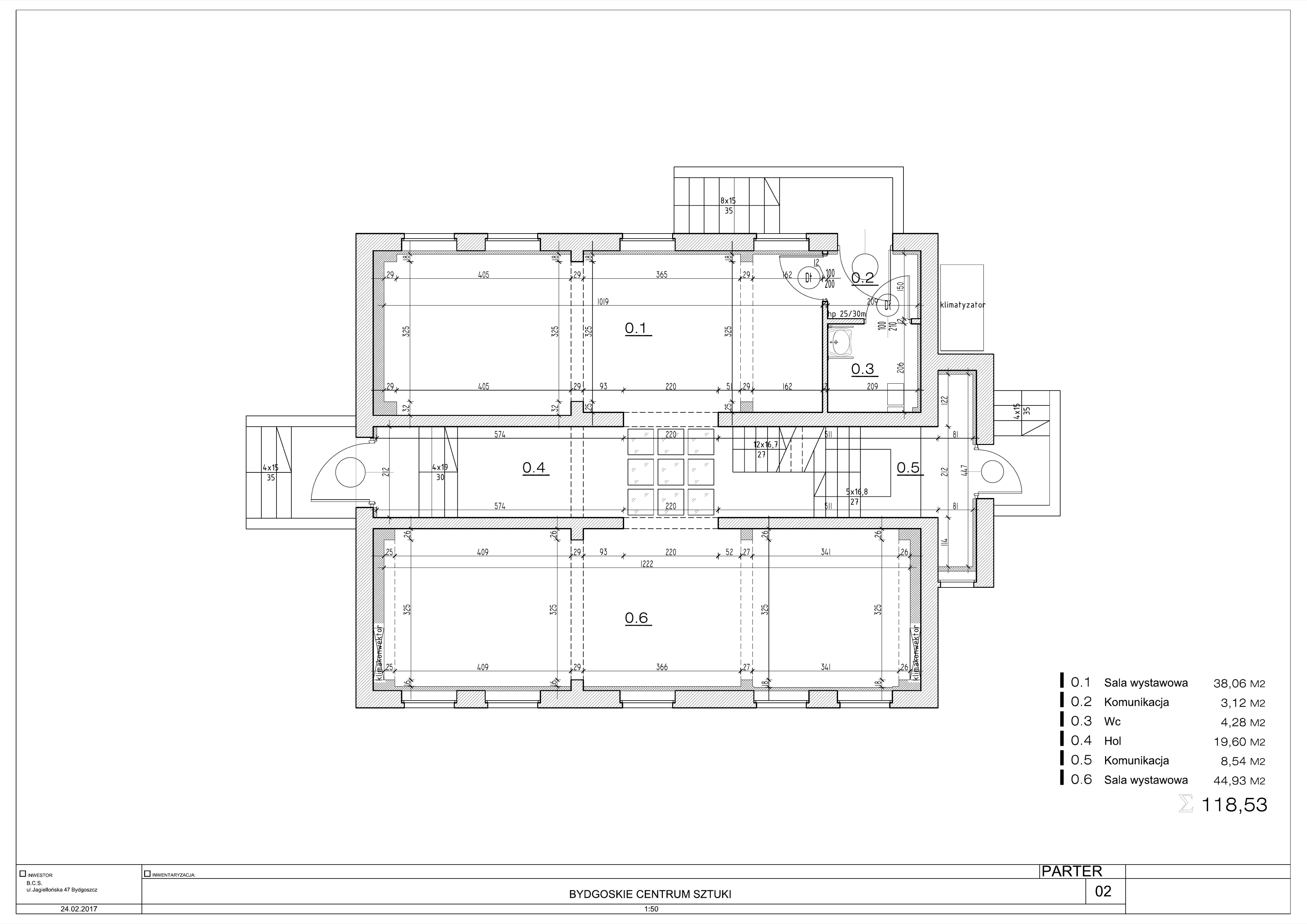 Drawing: ground floor architectural plan showing multi-level layout with exhibition halls, service rooms, and central staircase core