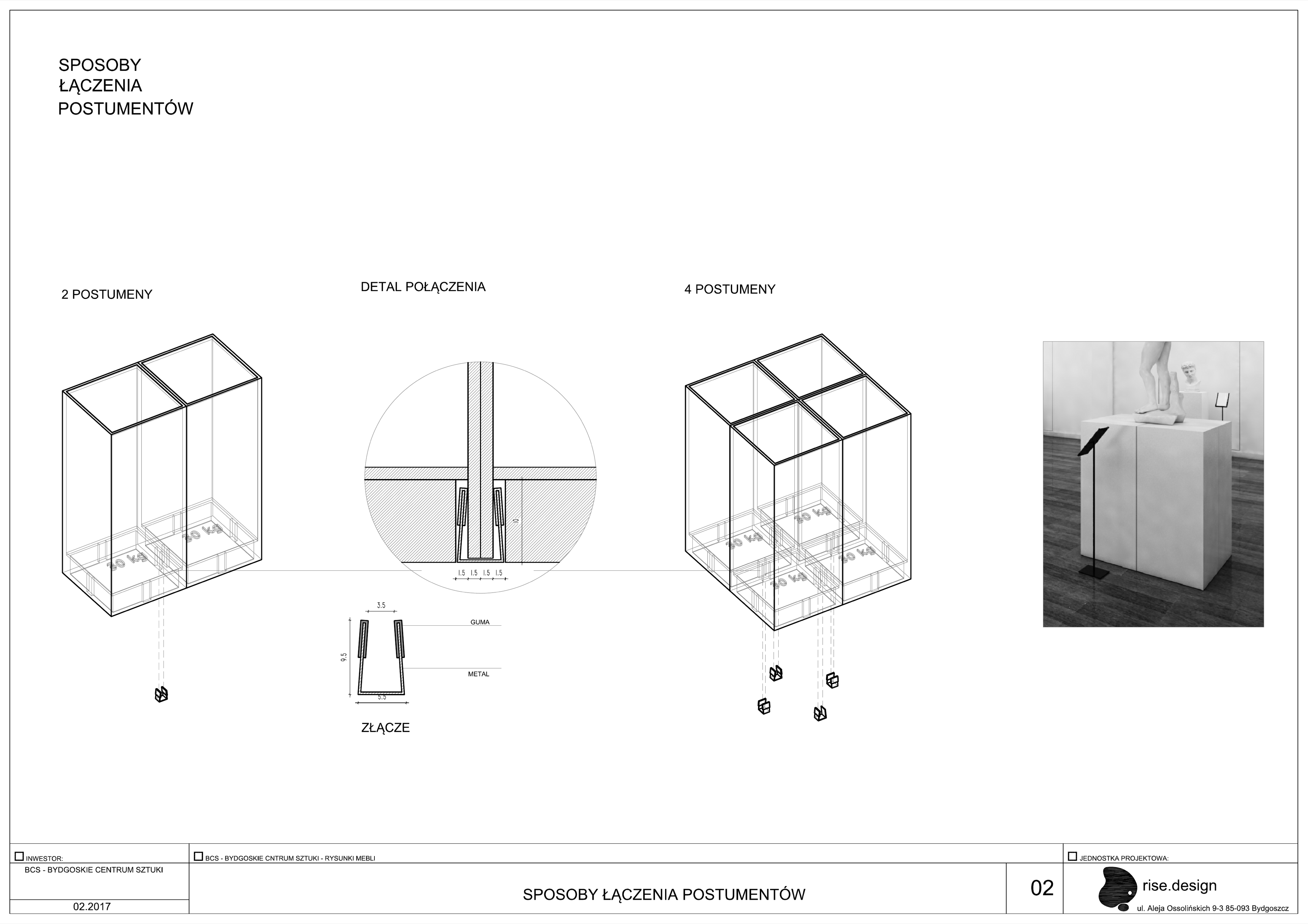 Drawing: custom furniture technical detail showing modular display podium DURMA metal joint connections, glass panel enclosure system, and pedestal construction