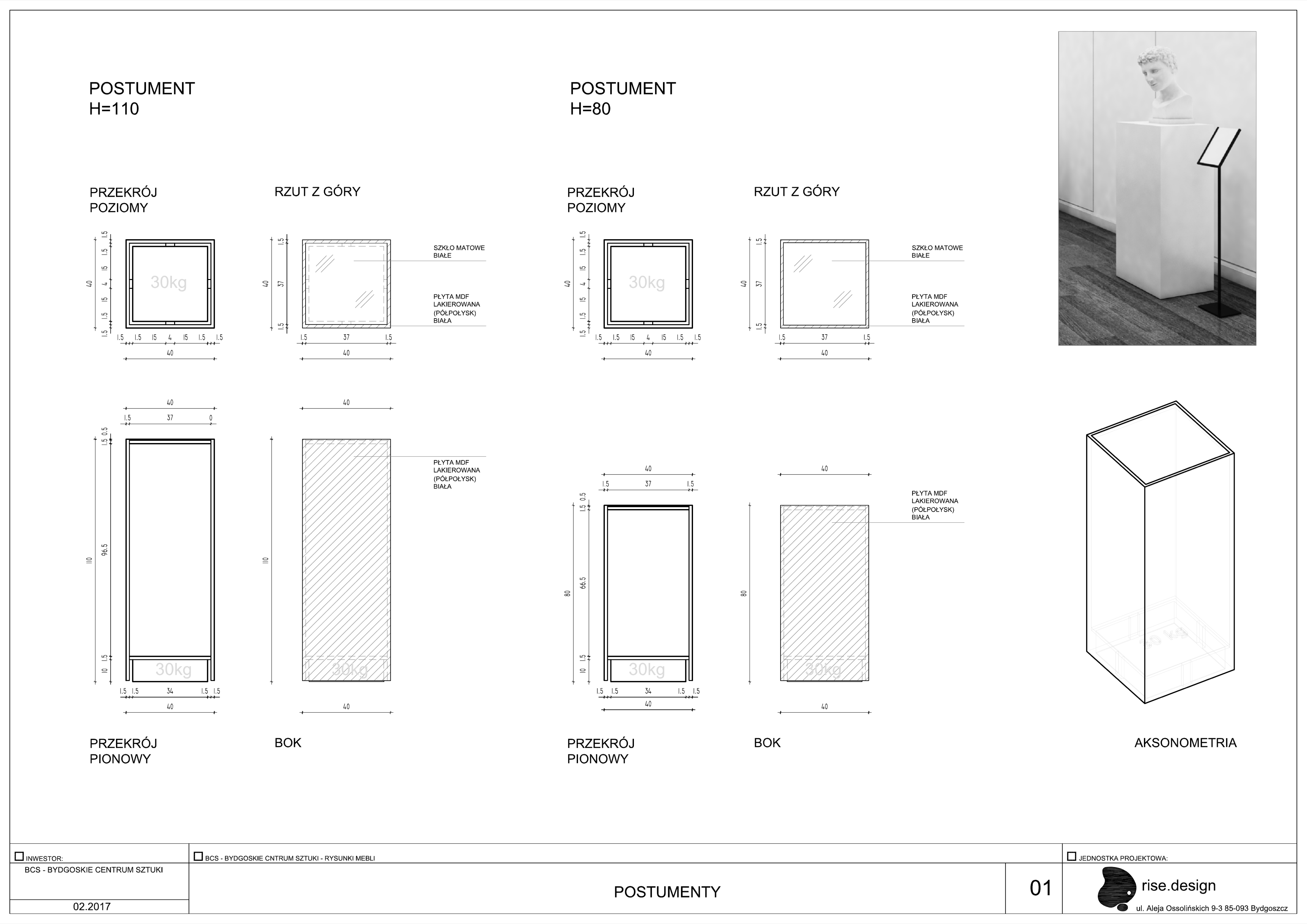 Drawing: furniture technical drawing showing modular display podium dimensions, material specifications, and assembly details for the exhibition system