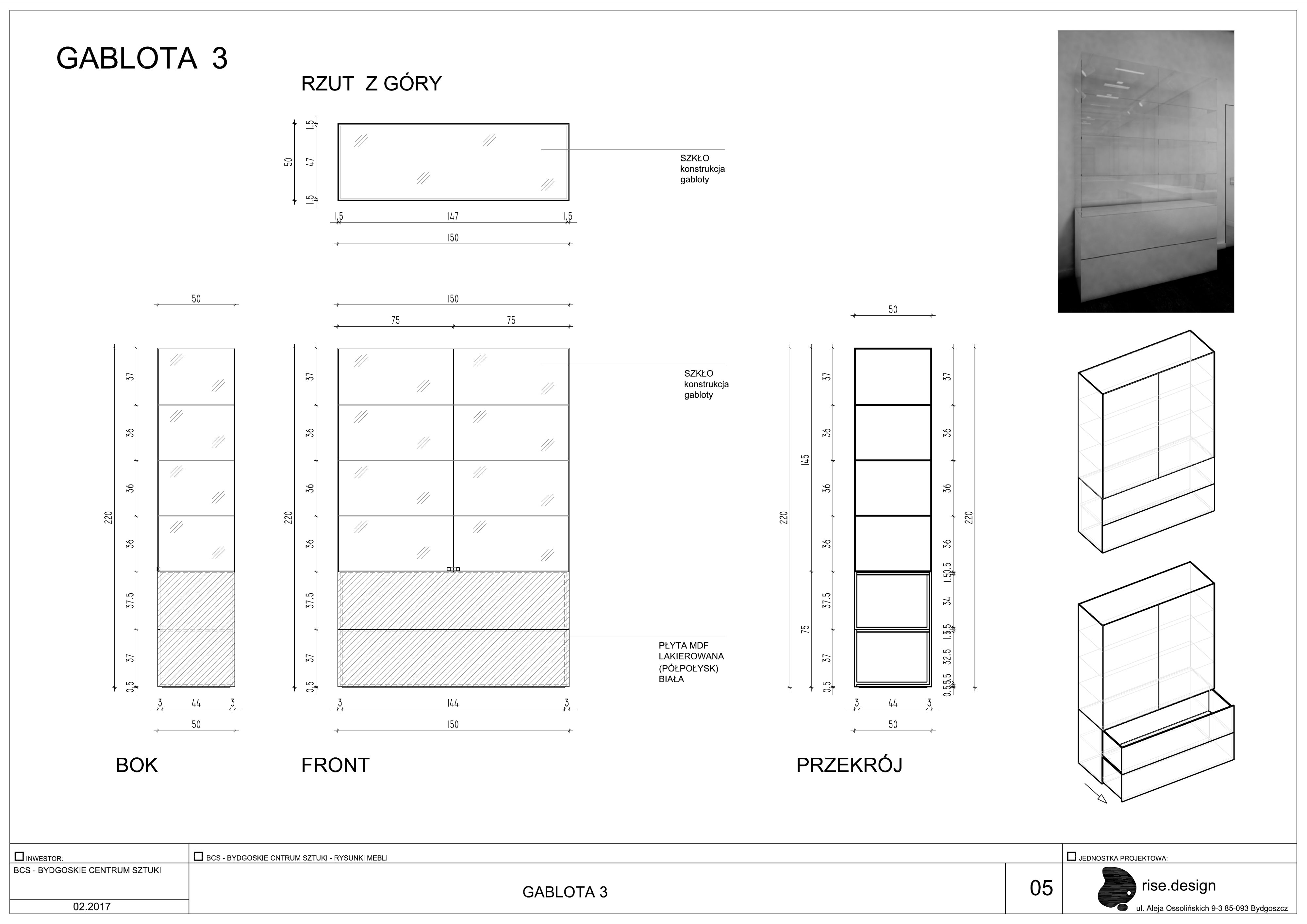 Drawing: display cabinet construction detail showing MDF laminate carcass, glass front panels, adjustable shelving system, and mounting specifications