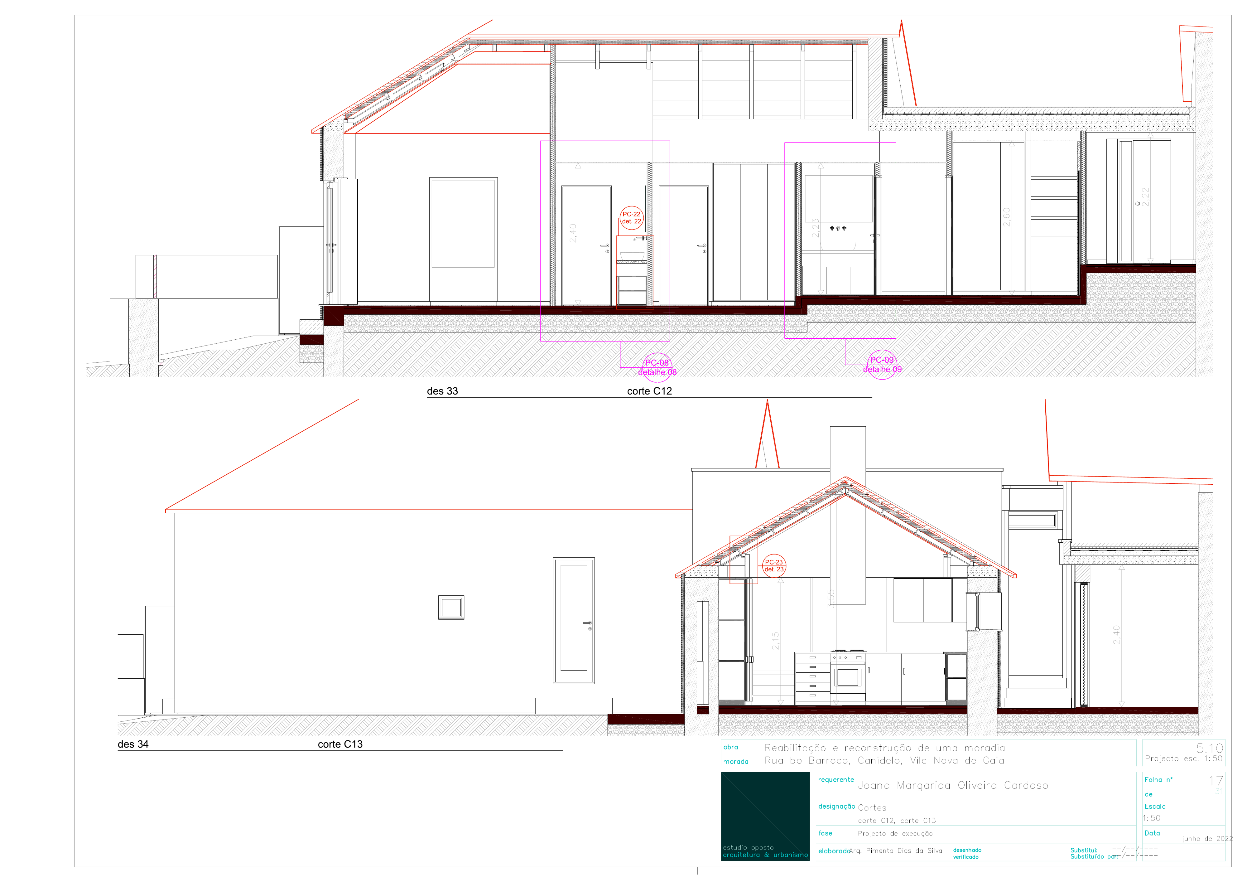 Drawing: PC-21 PC-22 PC-23 construction details at 1:5 showing bedroom window in existing granite wall, kitchen vanity with wall-mounted faucet, and LED cove lighting at pitched roof junction