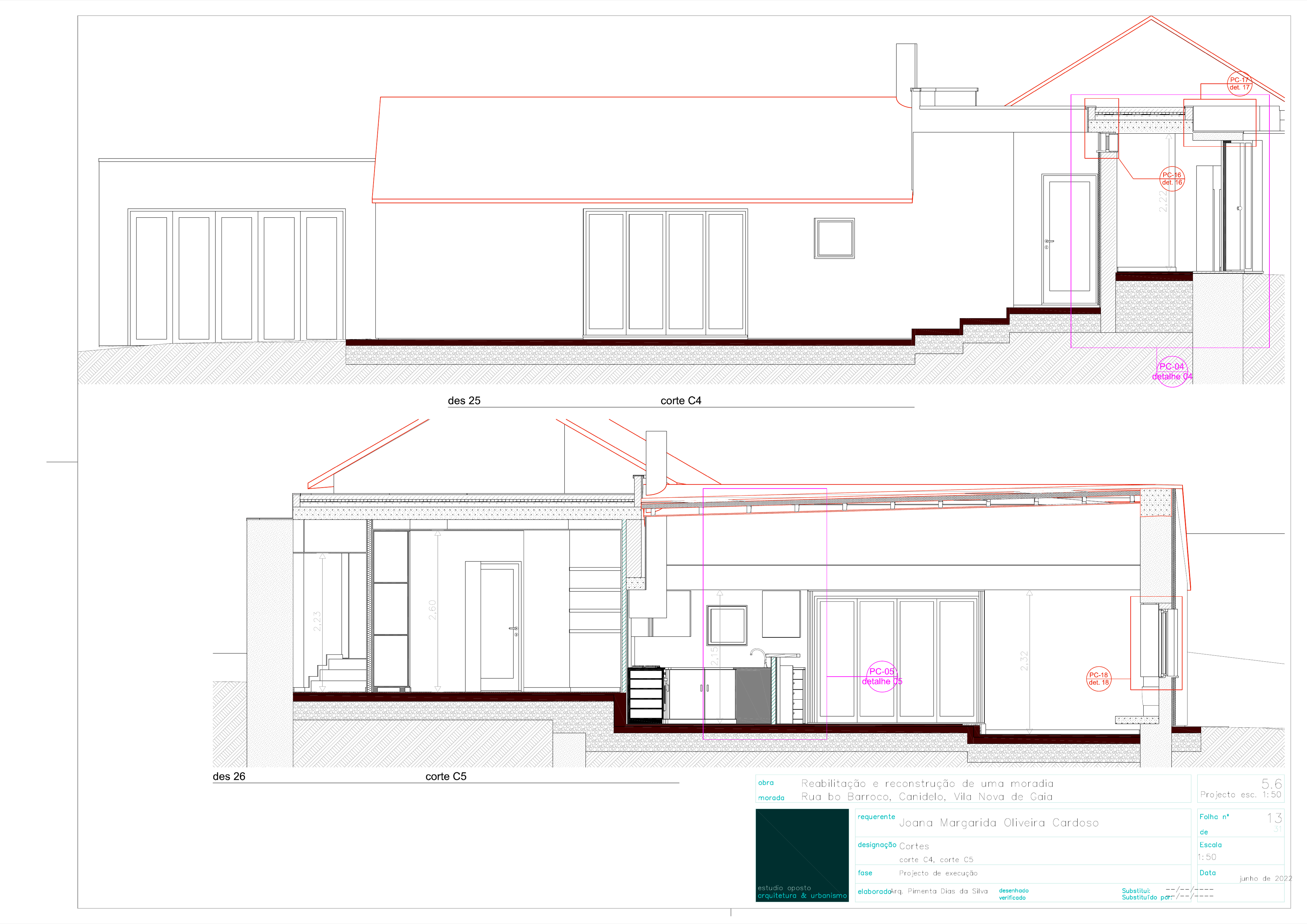 Drawing: ground floor plan planta terrea at 1:100 showing three zones with Zone A kitchen and living, Zone B two bedrooms and bathroom, Zone C carport, and topographic level annotations