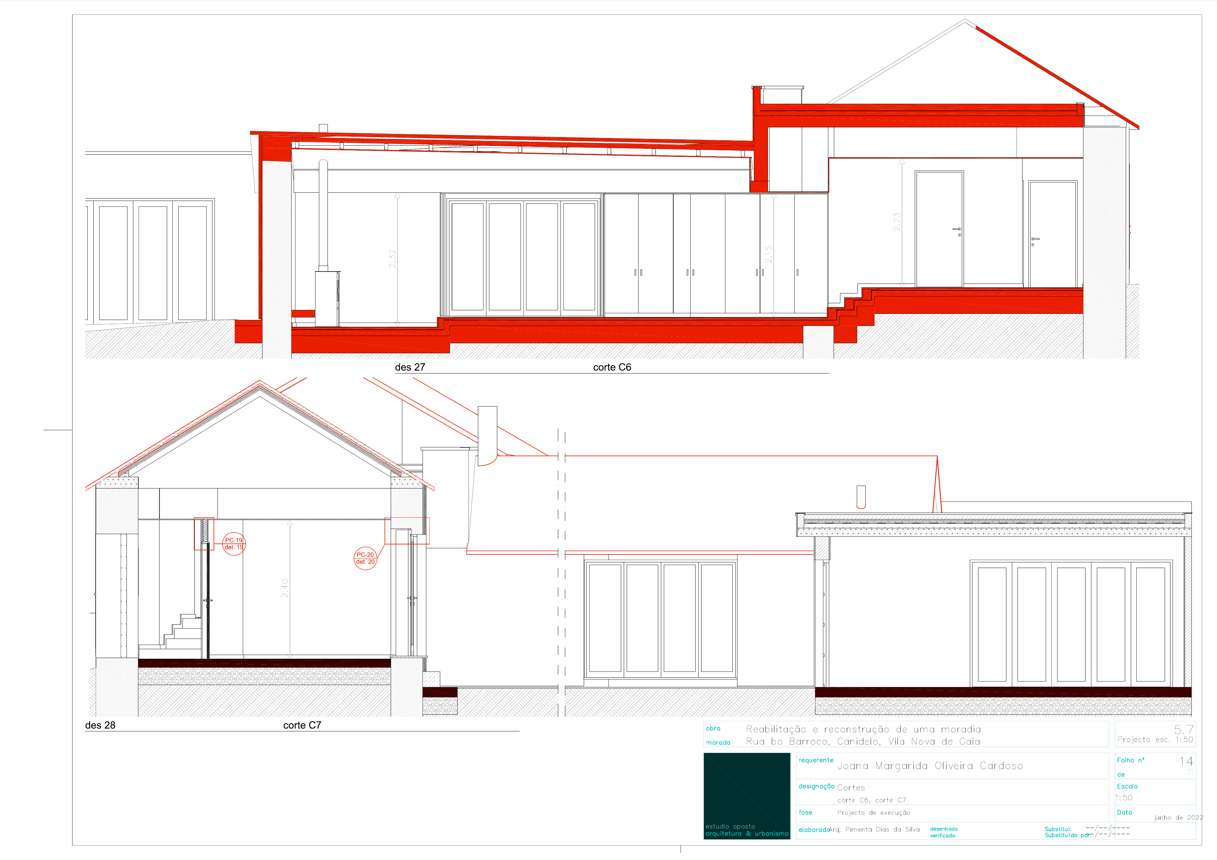 Drawing: sections C10 and C11 at 1:50 showing living zone with pitched terracotta roof outline above and contemporary flat roof with exposed red-painted steel beam structure below
