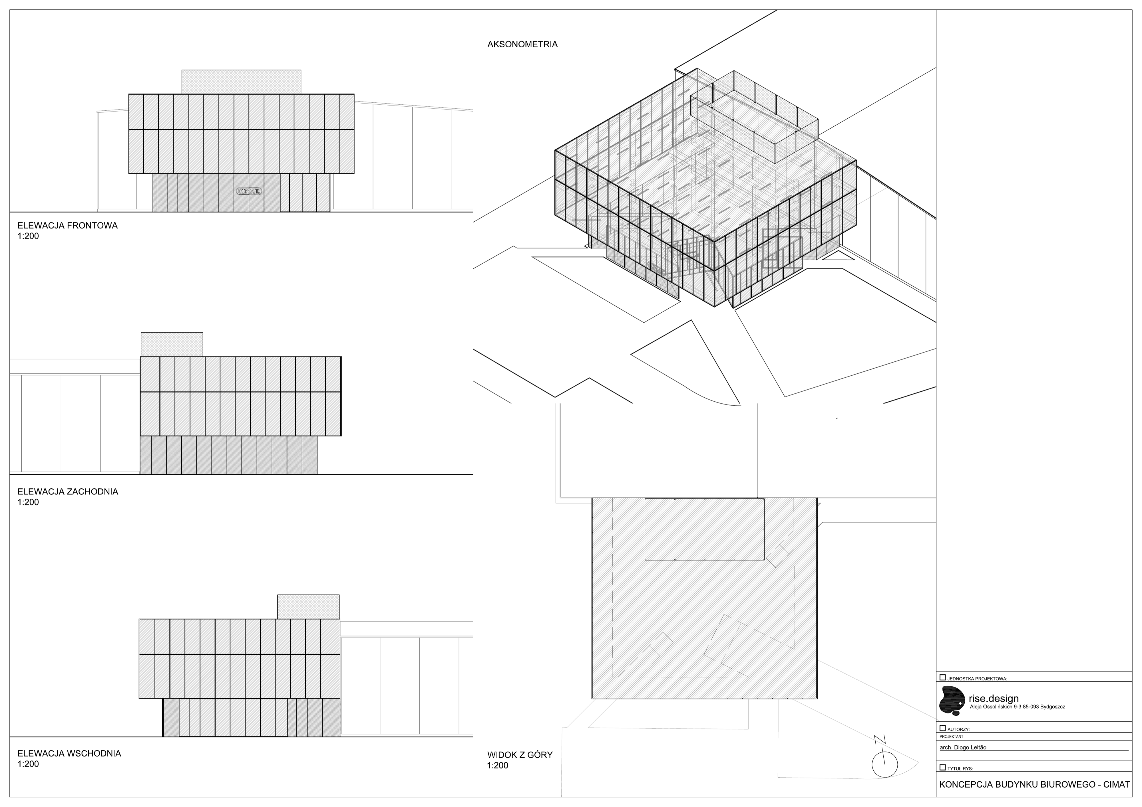 Drawing: technical elevation sheet at 1:200 scale showing front, west, and east elevations plus roof plan and axonometric view of CIMAT corporate office building