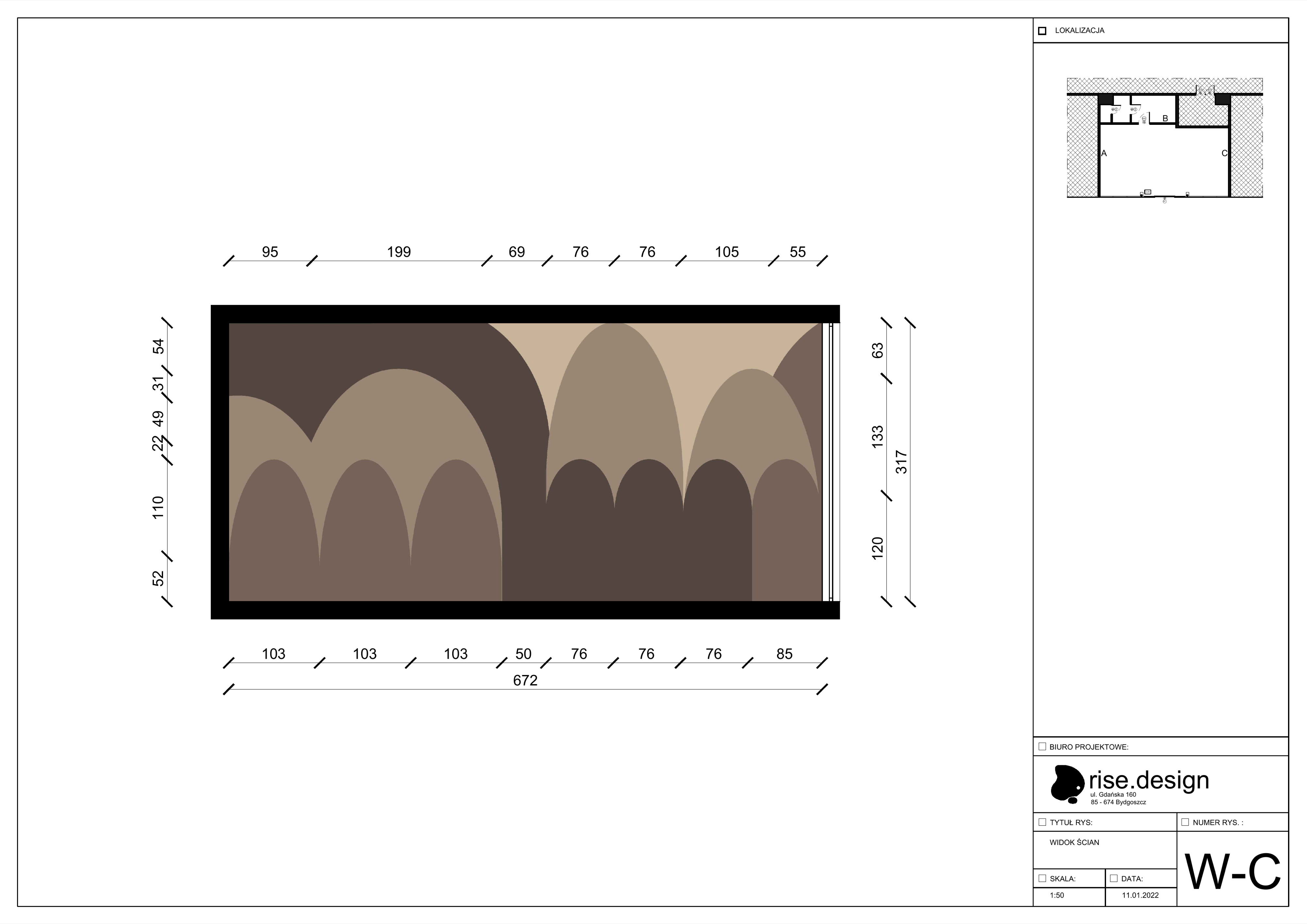 Detail: arch mural wall elevation W-C showing custom decorative pattern in warm earth tones with overlapping arch forms, 672cm wide by 317cm high, with precise module grid dimensions