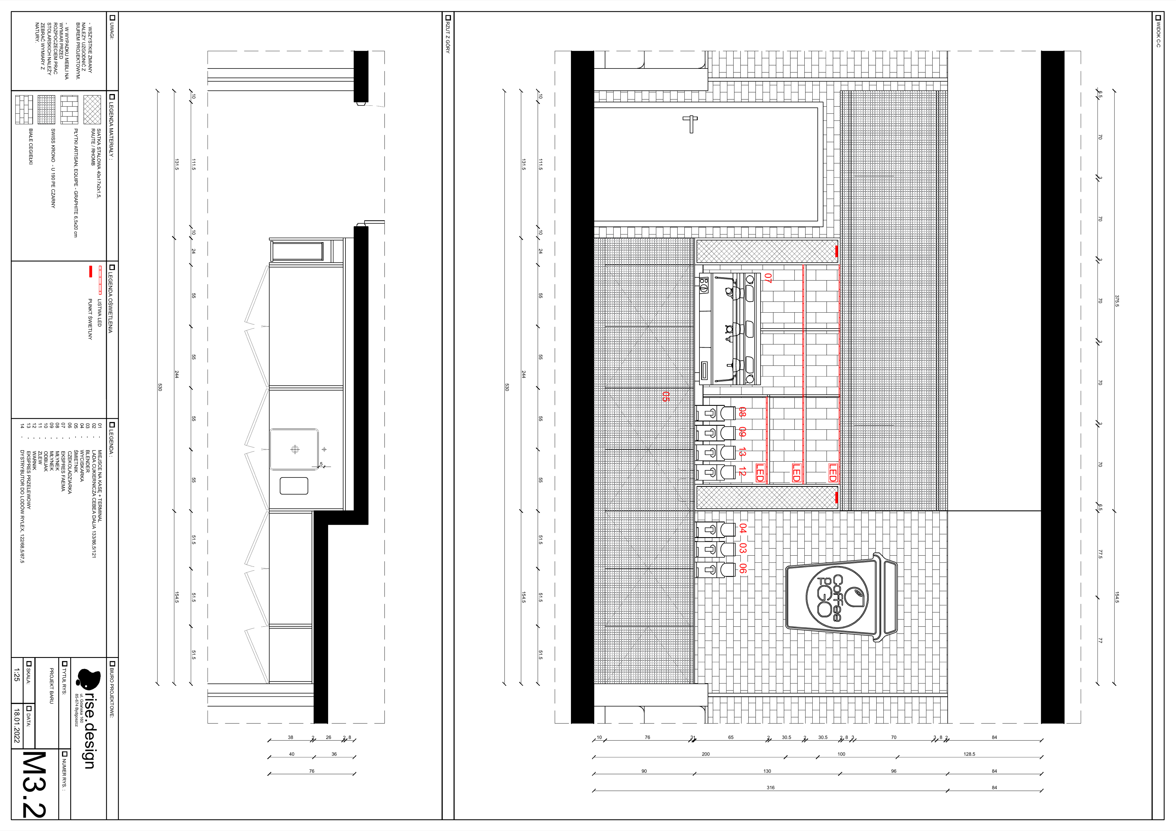 Drawing: floor tile layout UP at 1:50 scale showing 42.7 square metre grey tile zone and 42.6 square metre decorative tile zone with PK first tile cut markers at four locations