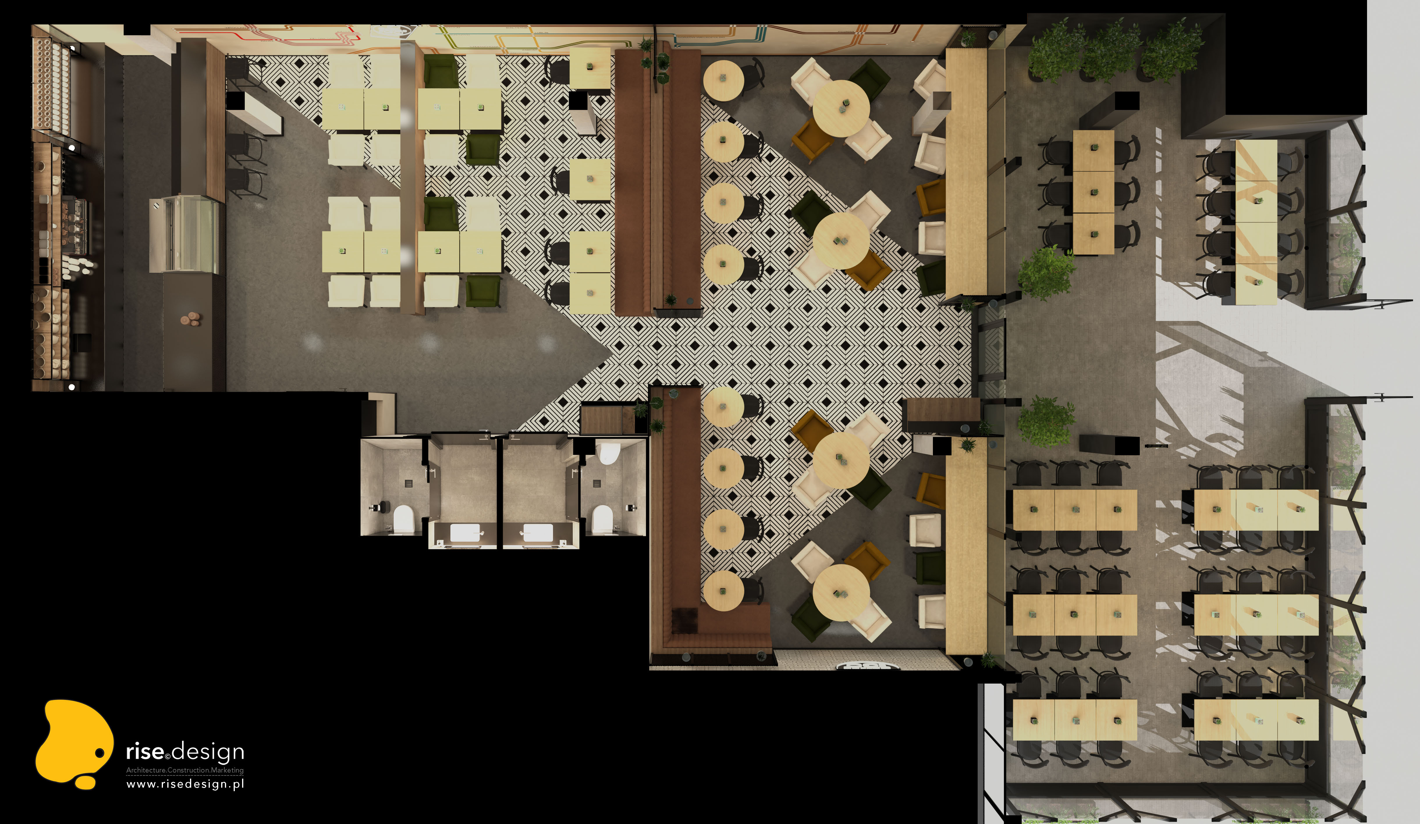 Drawing: bird-eye 3D layout plan showing 85.3 square metre floor arrangement with L-shaped bar counter, dining zones, enclosed steel-and-glass terrace, and restroom positions