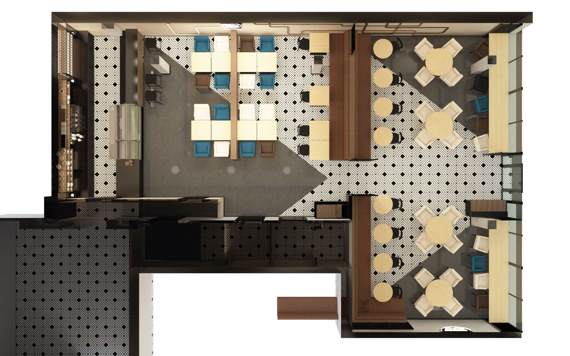 Drawing: concept axonometric plan showing spatial organisation with ceiling heights, interior dining, bar service counter, and enclosed terrace zone relationships within compact footprint
