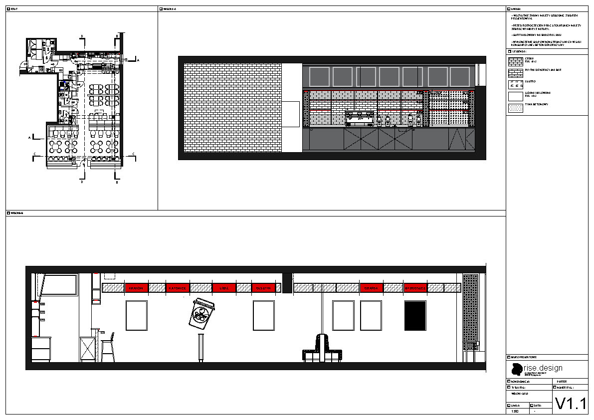 Drawing: wall elevation of railway map feature wall and bar counter showing Coffee2GO neon signage positions, bottle shelf details, and RAUTA mesh screen brand integration