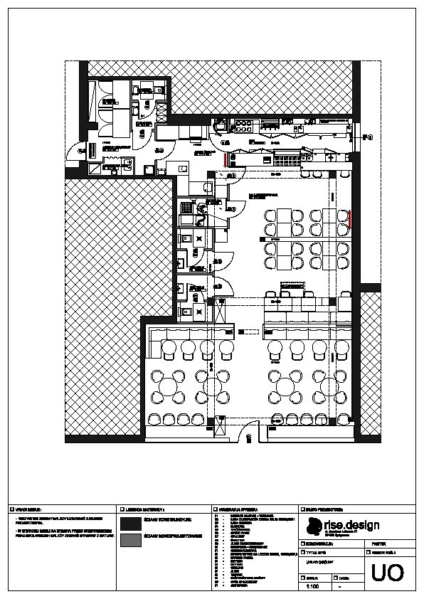 Drawing: furniture layout plan showing seating arrangement with cognac leather banquettes, freestanding tables, bar stools, and chairs accommodating fifty to sixty guests across all zones