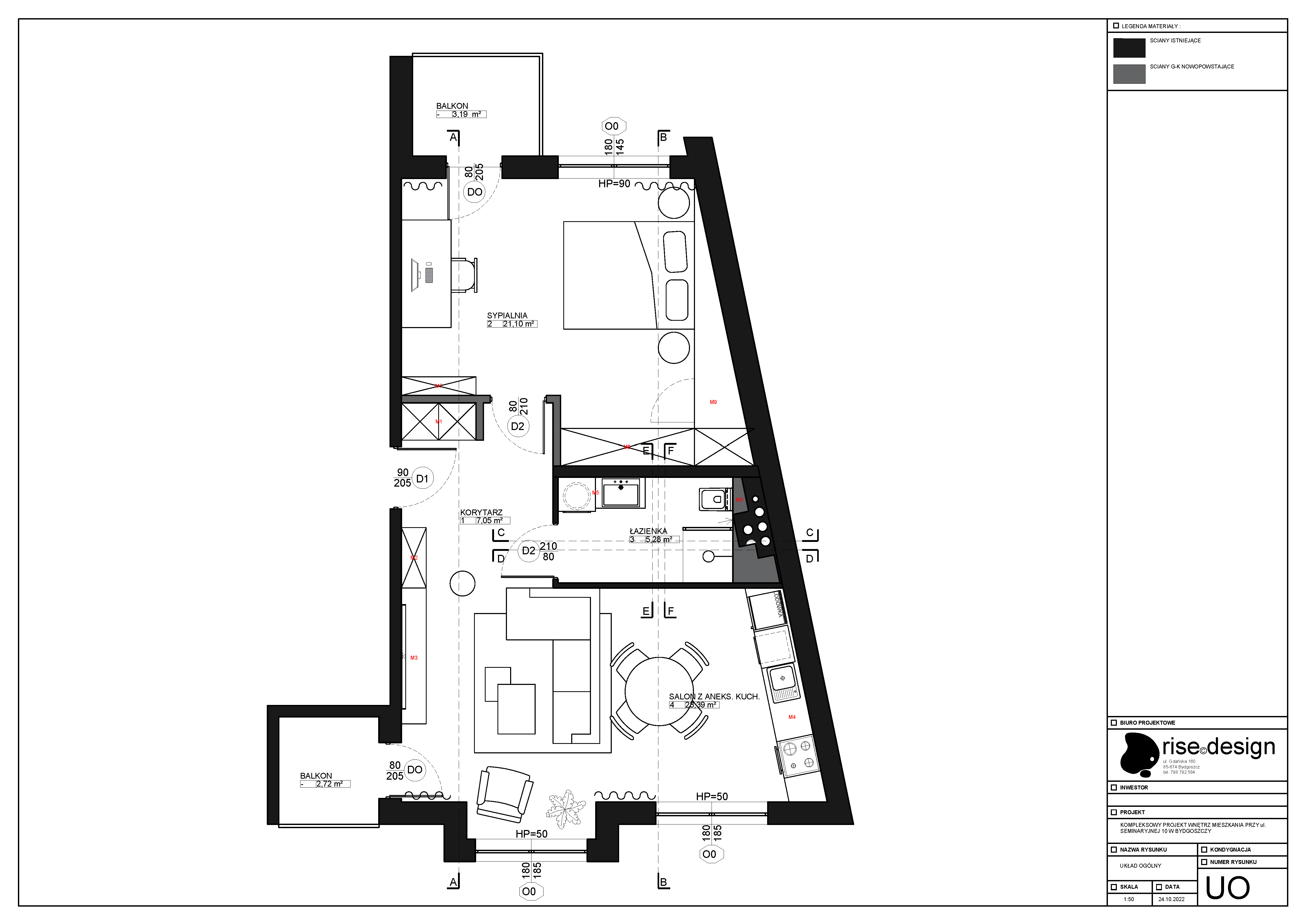 Drawing: UO general layout floor plan with furniture showing apartment room arrangement, dimensions, and functional zone distribution