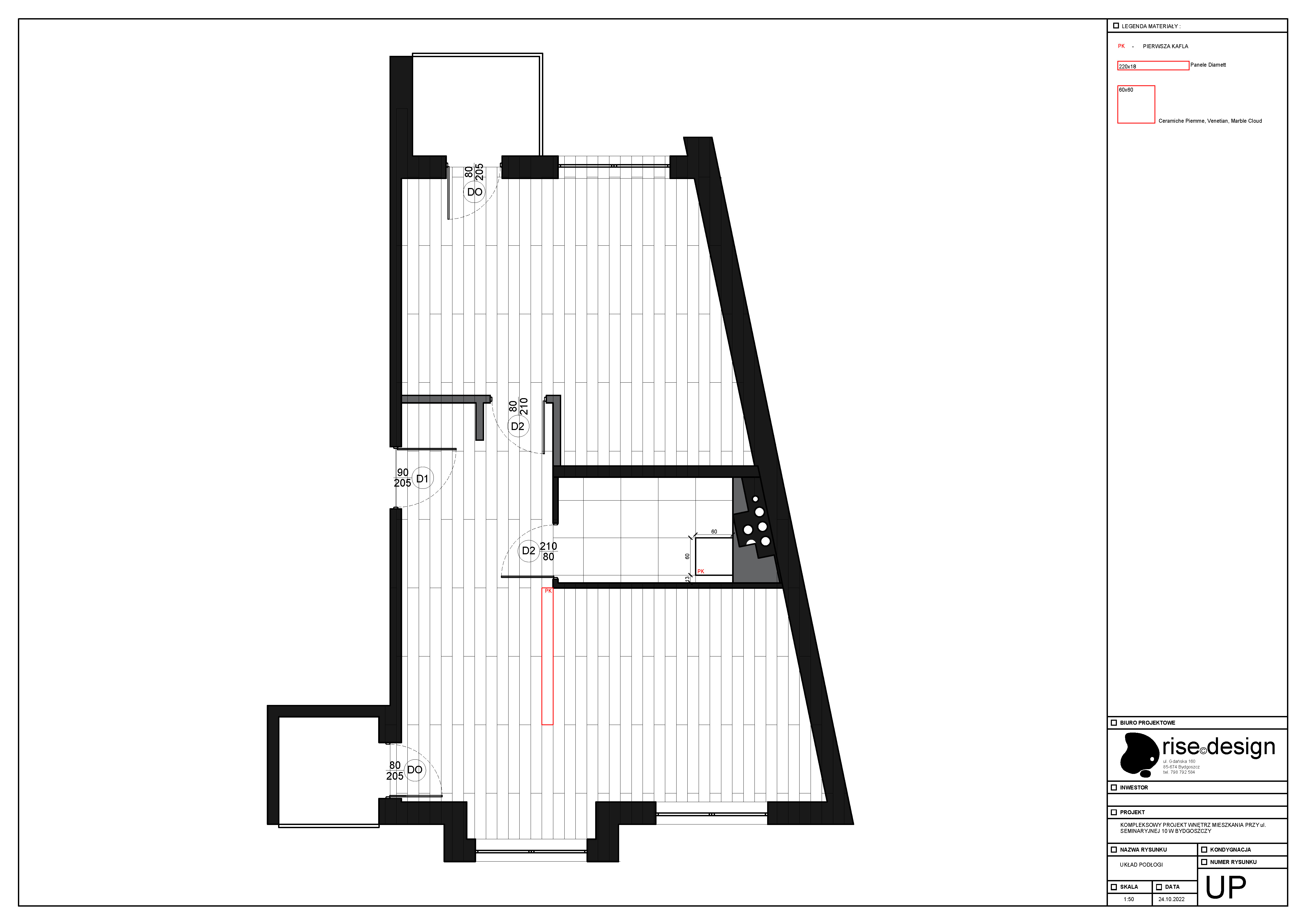 Drawing: P2 bathroom cross-sections C-C and E-E showing dark cocoon construction detail with fluted terracotta tile layering and LED strip placement