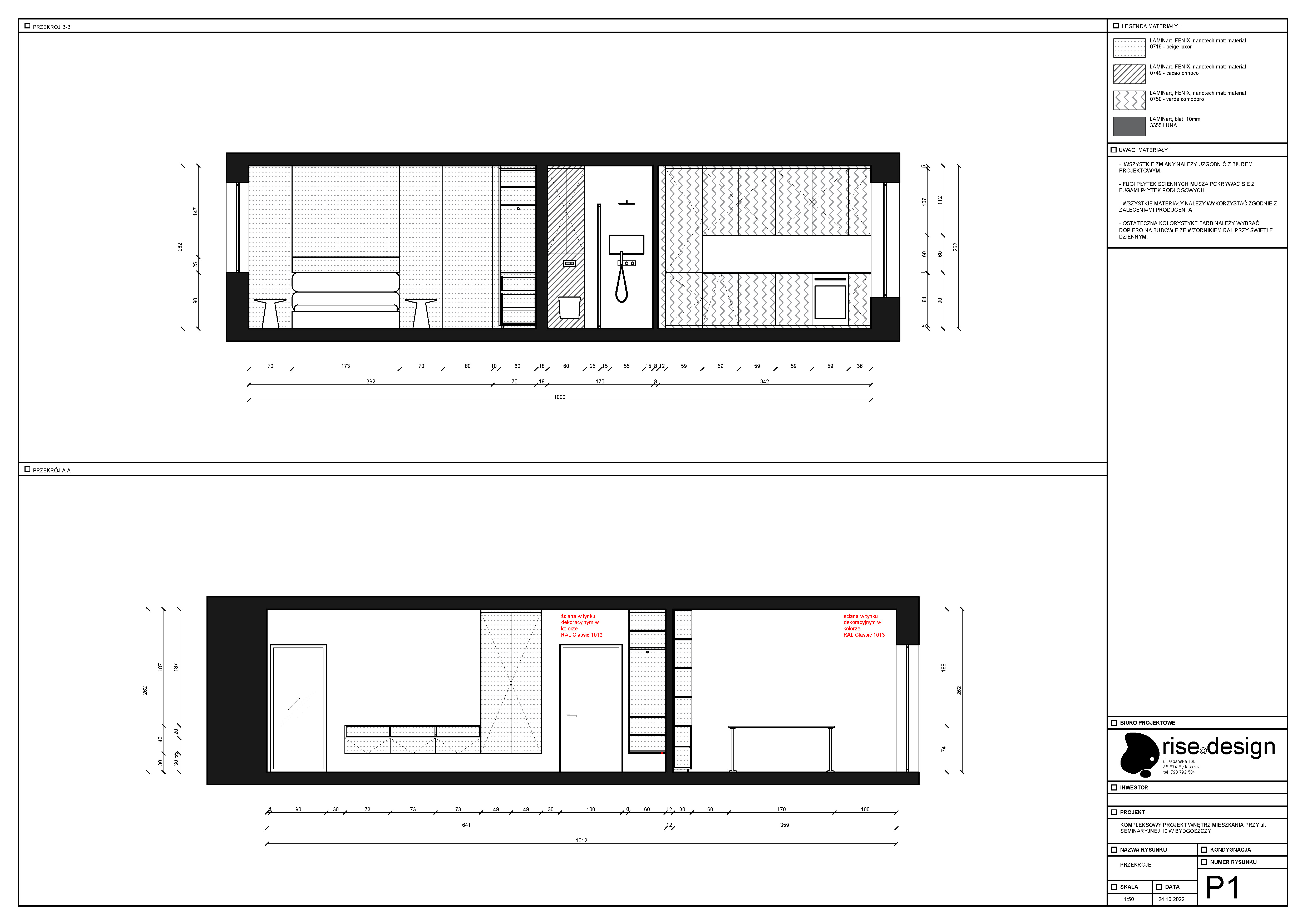 Drawing: Kitchen wall elevation showing sage green fluted tile layout, cabinet dimensions, appliance placement, and countertop detail