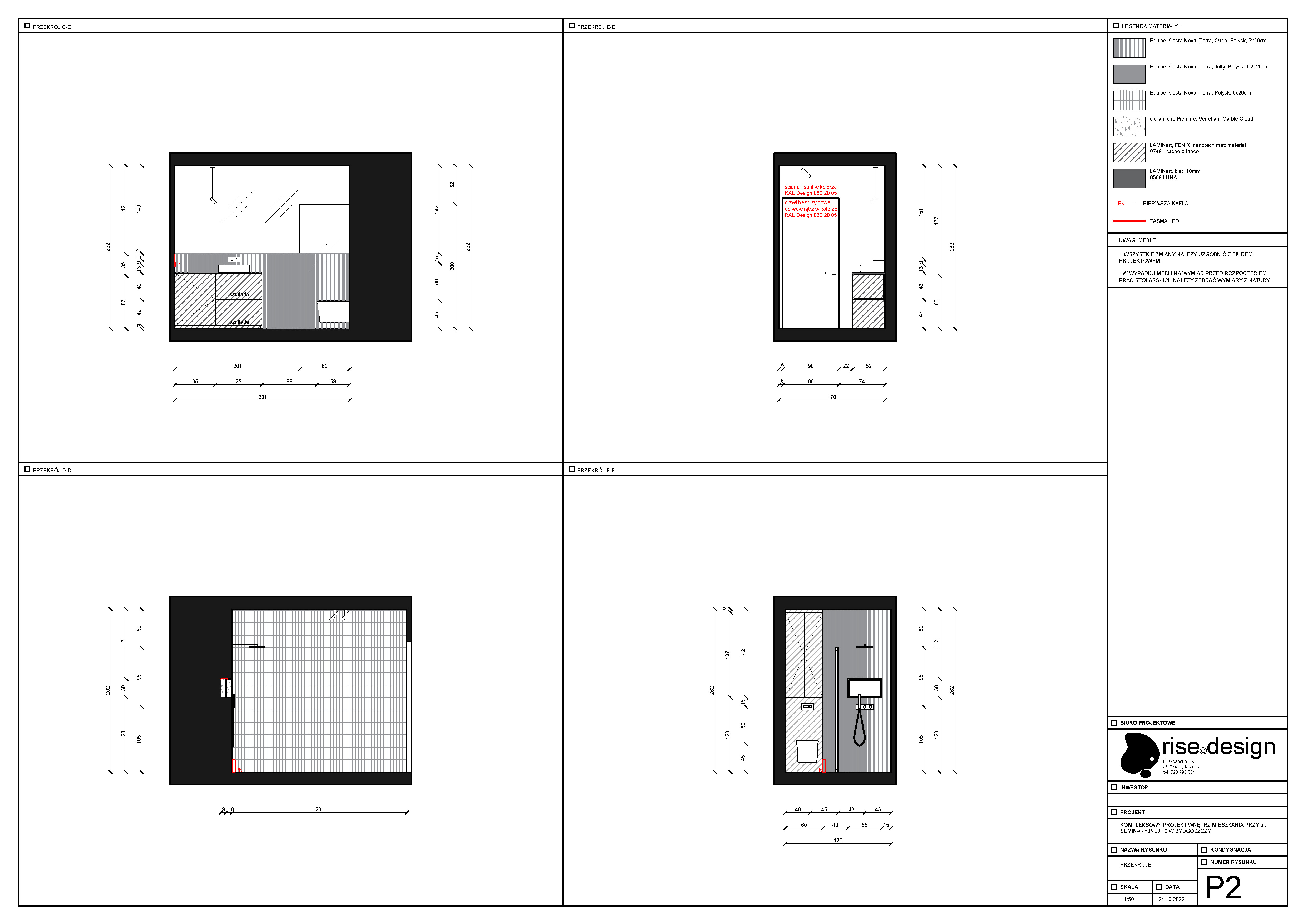 Drawing: Bedroom wardrobe wall elevation showing FENIX panel layout, reeded glass door positions, and LED niche construction detail