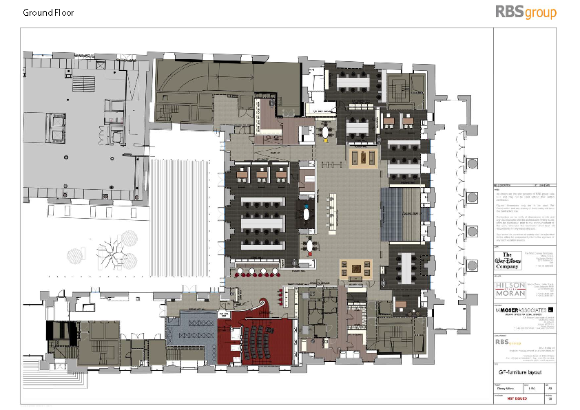 Ground floor furniture disposition plan showing reception, bar, cafe, screening room, and gallery layout with all specified designer pieces