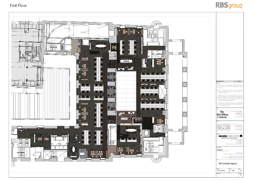 Level 1 furniture disposition plan showing open-plan workstations, breakout zones, academia area, and purple accent niches