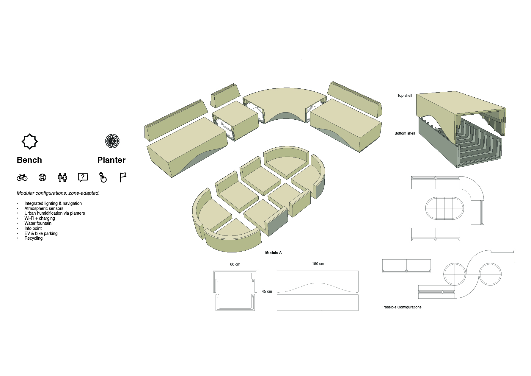 ZAHAR bench and planter technical drawing showing Module A dimensions 150x60x45 cm, two-shell UHPC assembly, and modular configurations
