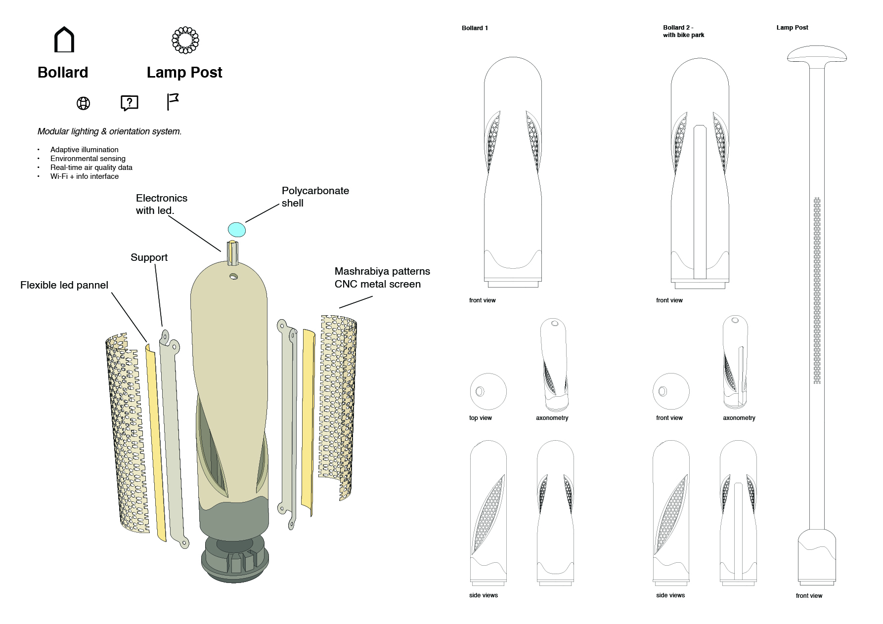 ZAHAR shelter technical drawing showing main hub plan and section with dimensional annotations and structural system