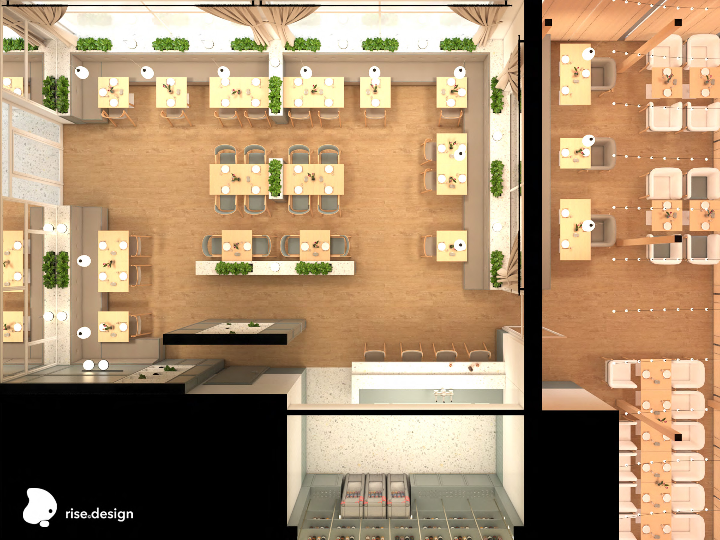 Drawing: bird-eye 3D layout plan showing three interconnected restaurant zones at 144.5 square metres total: main 77 square metre dining hall, 15 square metre bar, and 52 square metre conservatory