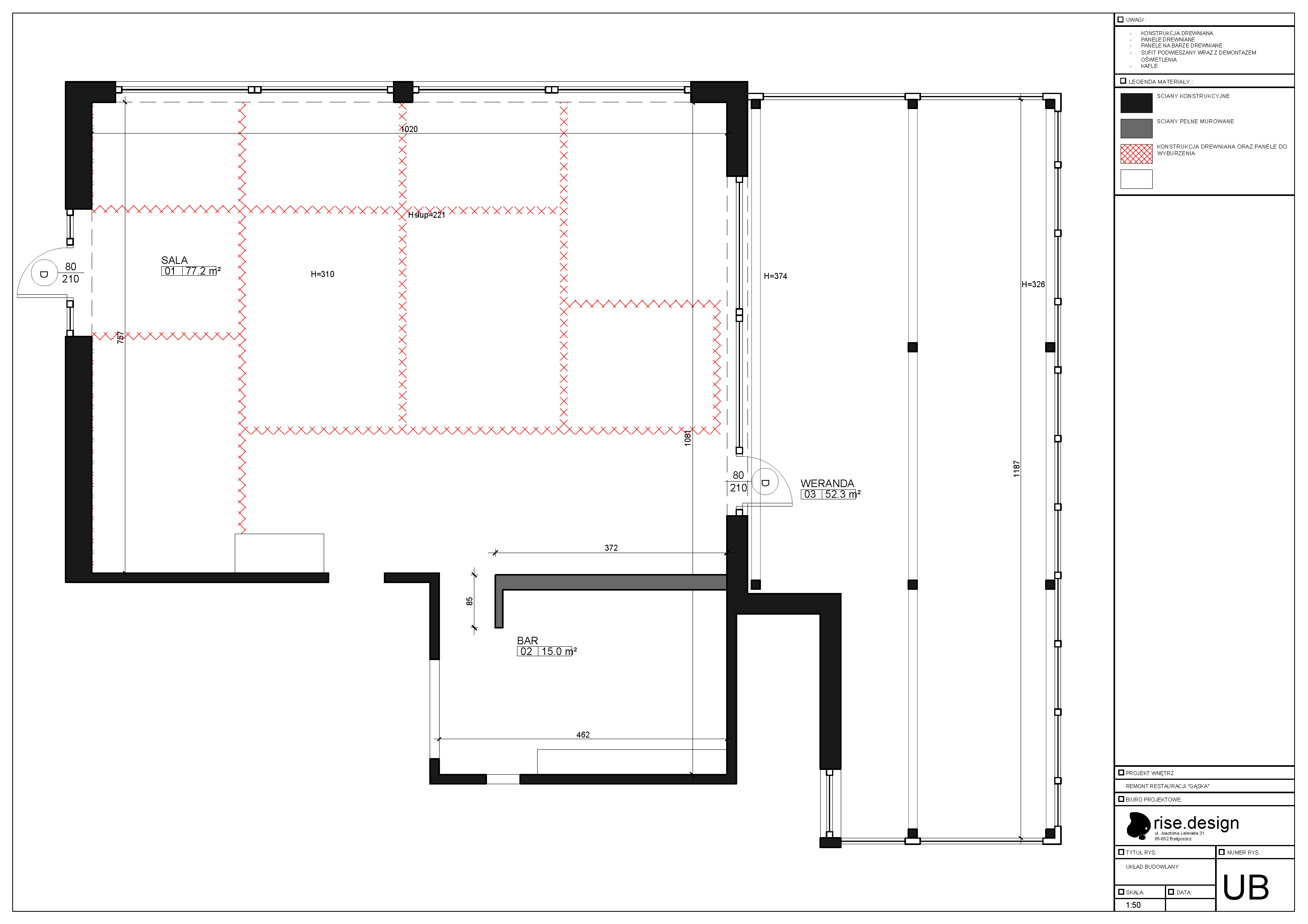 Drawing: construction layout floor plan at 1:50 scale showing main hall, bar area, and conservatory zones with structural positions and ceiling height annotations at 310 to 374 centimetres