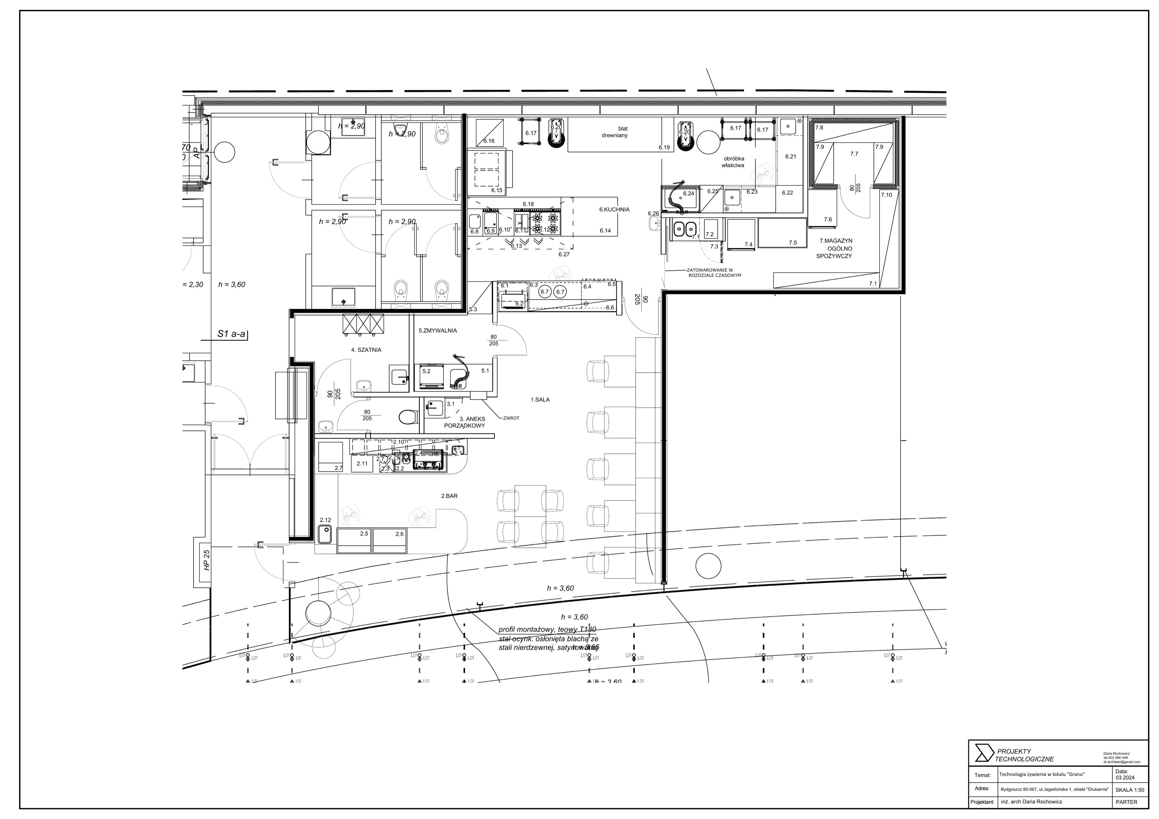 Drawing: ground floor restaurant layout plan showing complete Grano Bistro footprint within Drukarnia at ul. Jagiellonska 1, with dining, bar, kitchen, and service zones