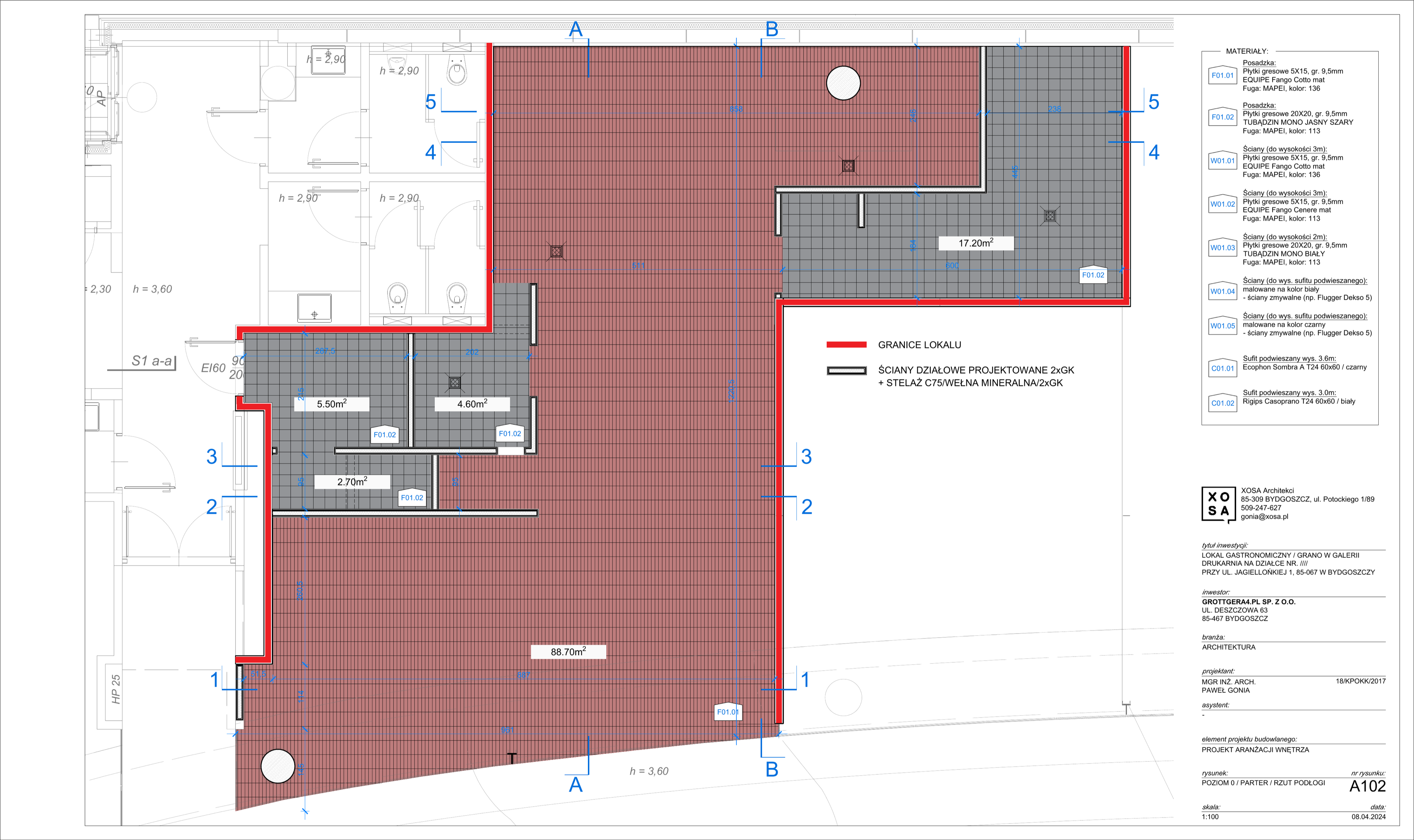 Drawing: kitchen technology floor plan showing commercial kitchen equipment positions with utility connection symbols, power loads, and drainage routing annotations