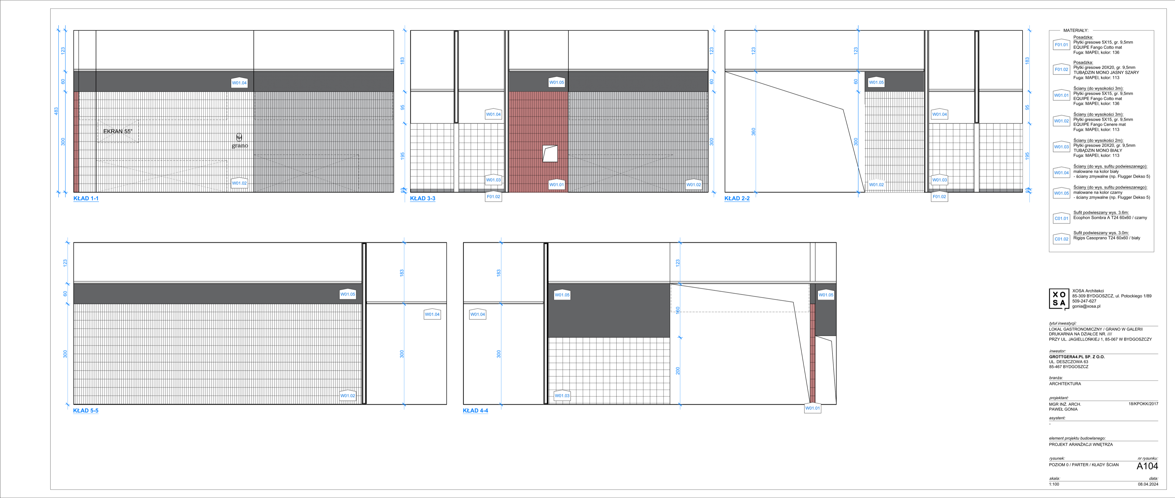 Drawing: reflected ceiling plan of Grano Bistro showing suspended ceiling grid, recessed lighting positions, kitchen exhaust hood zones, and sprinkler head locations