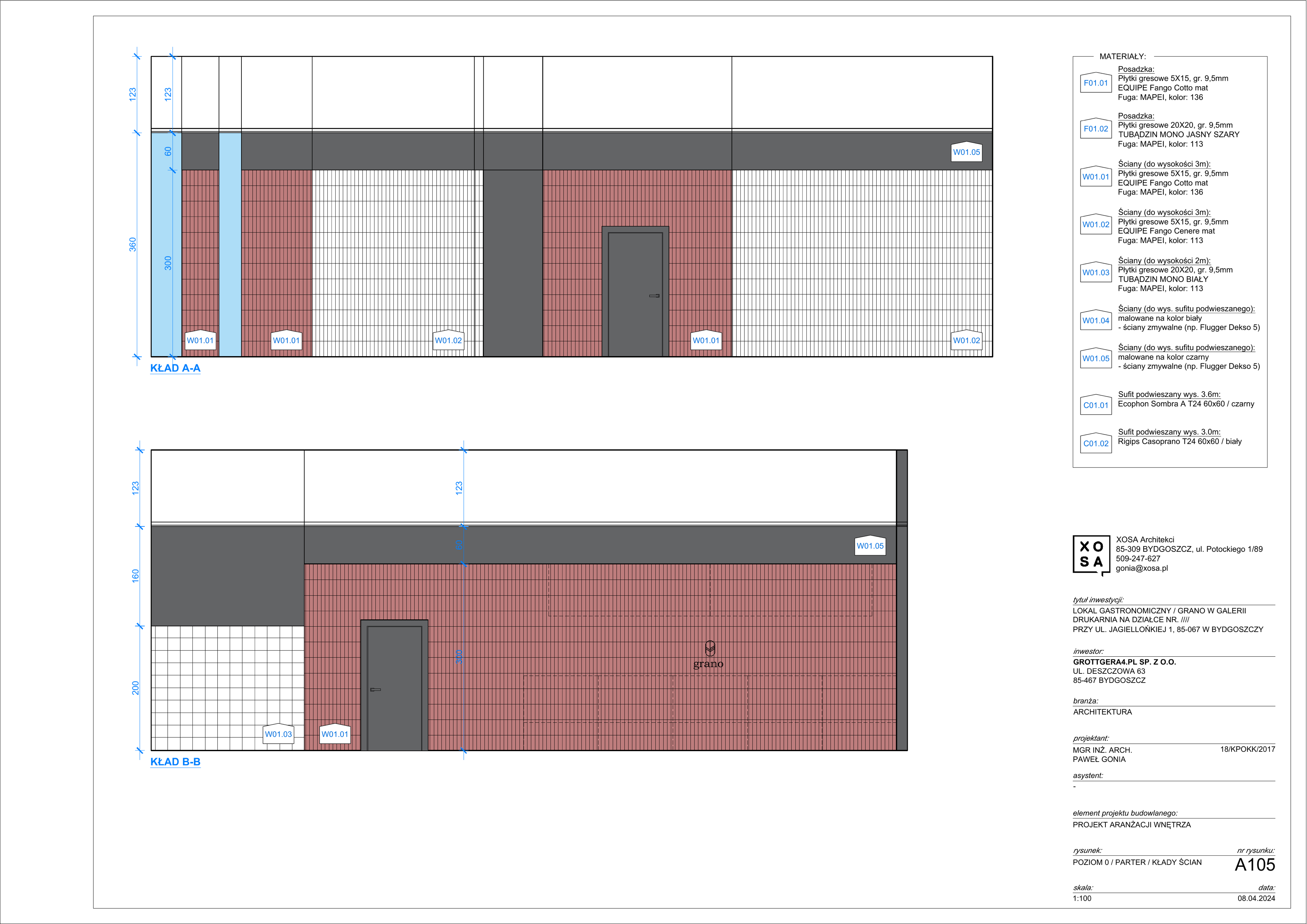 Drawing: restaurant services plan showing electrical outlets, data points, water supply connections, and drainage positions across dining room, bar, and kitchen zones