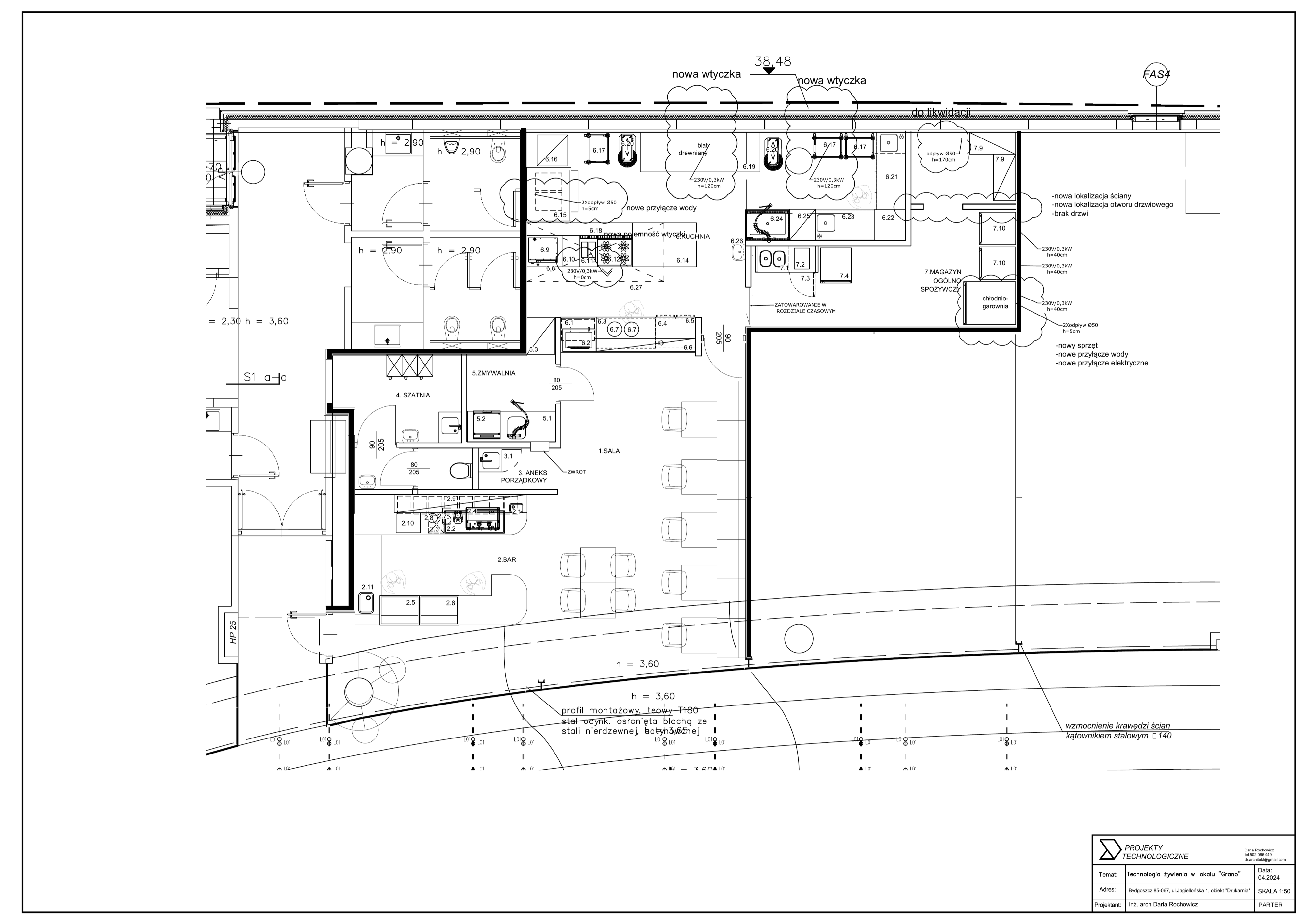 Drawing: kitchen equipment elevation showing wall-mounted shelving, preparation counter heights, hood canopy profile, and service pass-through opening to dining area